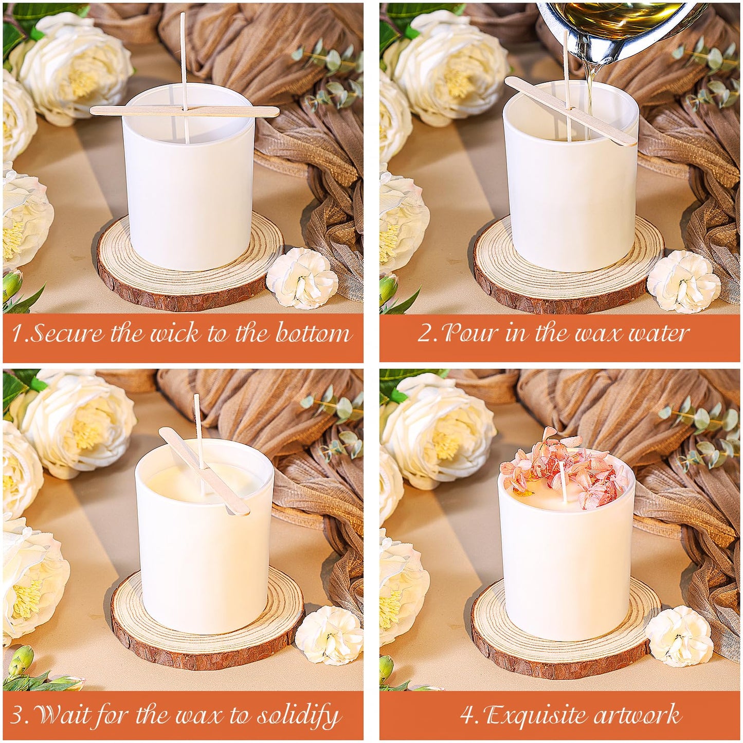 CONNOO 12 Pack 10 OZ White Glass Candle Jars for Making Candles with Airtight Bamboo Lids Nice Sticky Warning Labels for Candle Making Empty Container Bulk - Dishwasher Safe