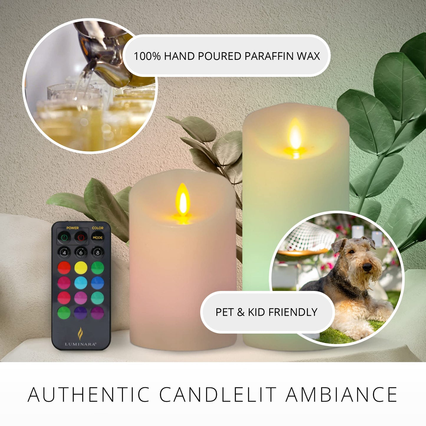 Luminara Flameless Color Changing LED Candle 3" x 6.5", Real Wax Moving Flame, Battery Operated w/ 18 Button Remote, Unscented Safe