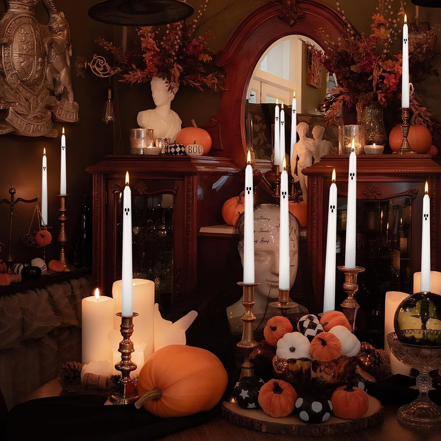 12pack 10inch Ghost Halloween Taper Candles-unscented White Spooky Candles Decorations Halloween Ghost Shaped Decor for Party Favor Home Table