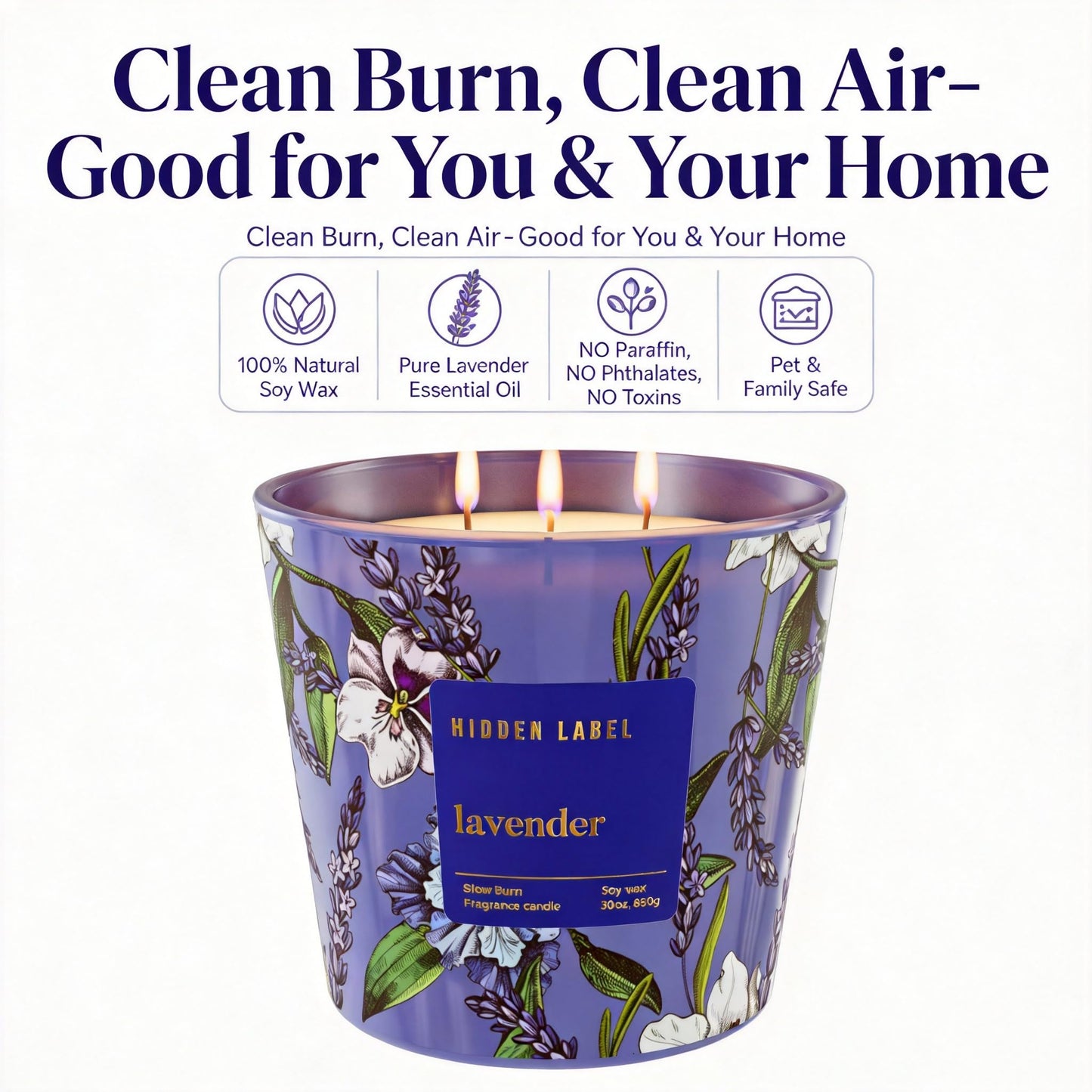 Extra Large Lavender Scented Candle, 30oz,3 Wick Natural Soy Wax Candle for Home, 100 Hours Long Lasting Clean Burn, Essential Oil Aromatherapy for Stress Relief, Sleep & SPA, Large Jar Candle Gift
