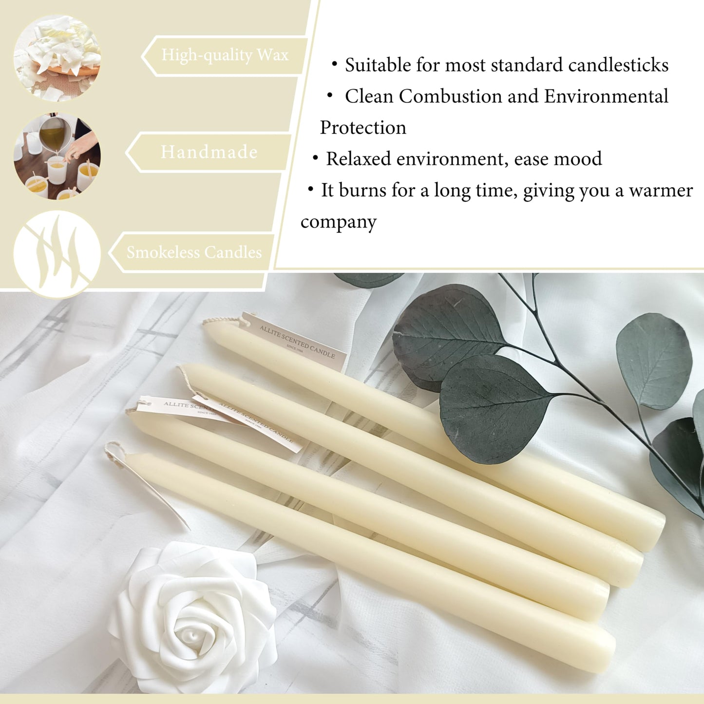 Ivory Taper Candles 4 PCS Vanilla Cream Scented Candles 10 inch Long Candlesticks for Wedding Festiva Dinner Decor