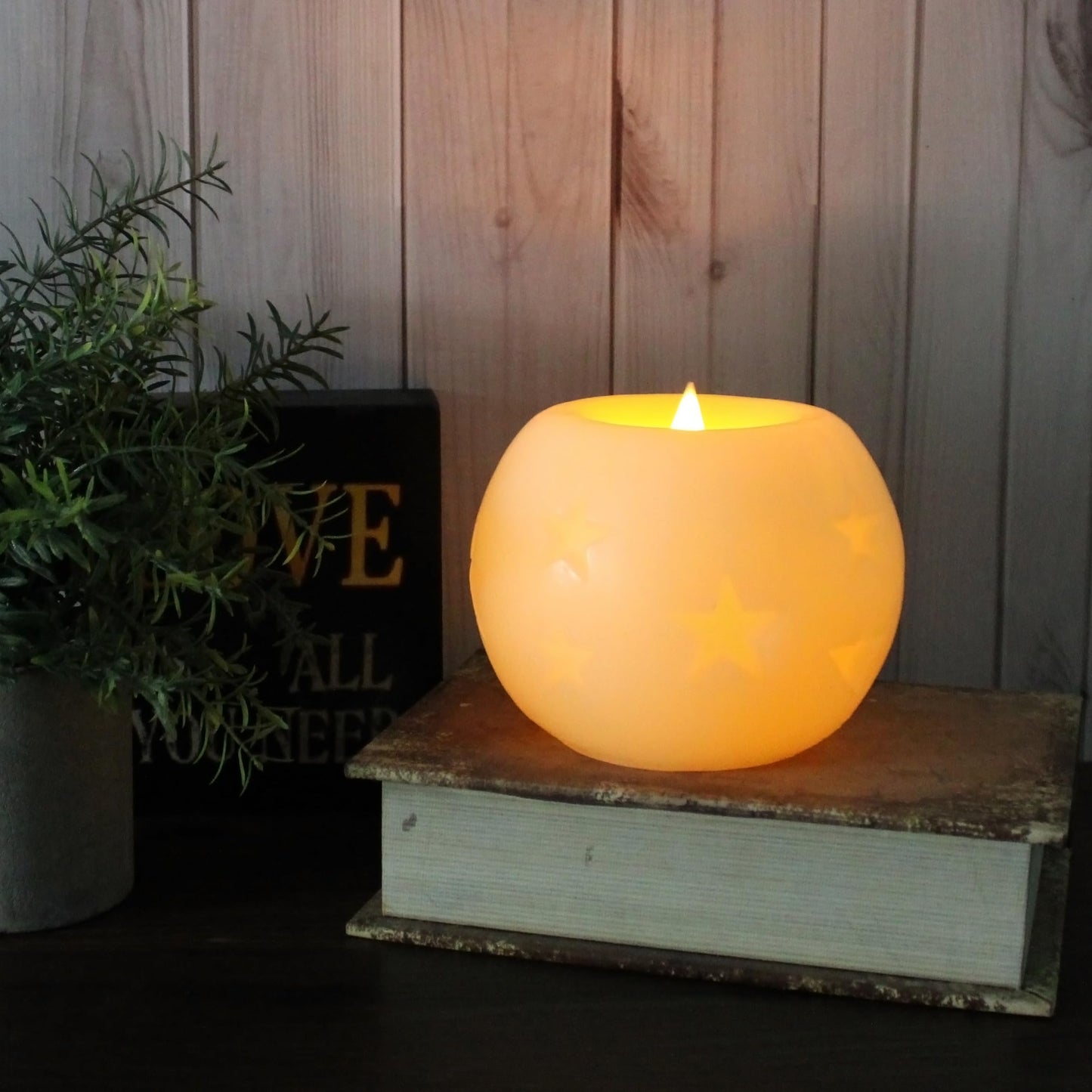 CVHOMEDECO. Moon Sphere Wax LED Dancing Flame Candle Ball Battery Operated Wax LED Flameless Candle with Timer and Remote Control (5" Dia. X 4" H)