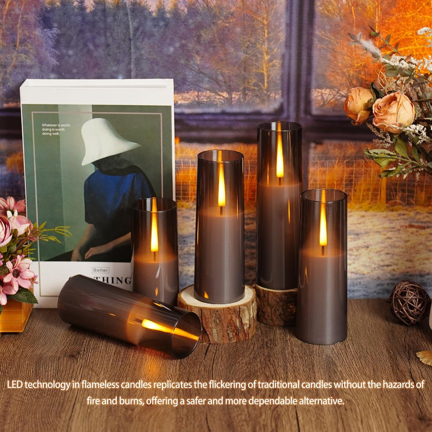 Sasigeiaa Flickering Flameless Candles,Battery Operated, Flameless Candles with Remote, 2/4/6/8 Hour Timer, Realistic Jumping Flame Effect, Perfect for Home Decor, Holiday Decoration Pcs 9 (Grey)