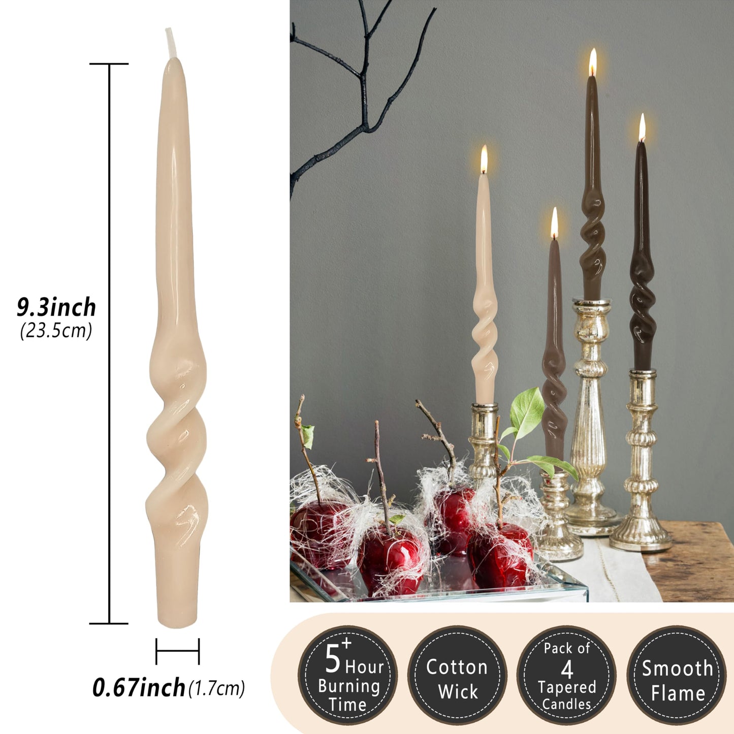 Gradient Coffee Spiral Taper Candles 10 Inch Thin Twisted Candlestick Unscented Candle Stick Smokeless Candle Gradient Tapered Candlesticks for Dinner Wedding Hygge Home Decor Holiday Relaxation