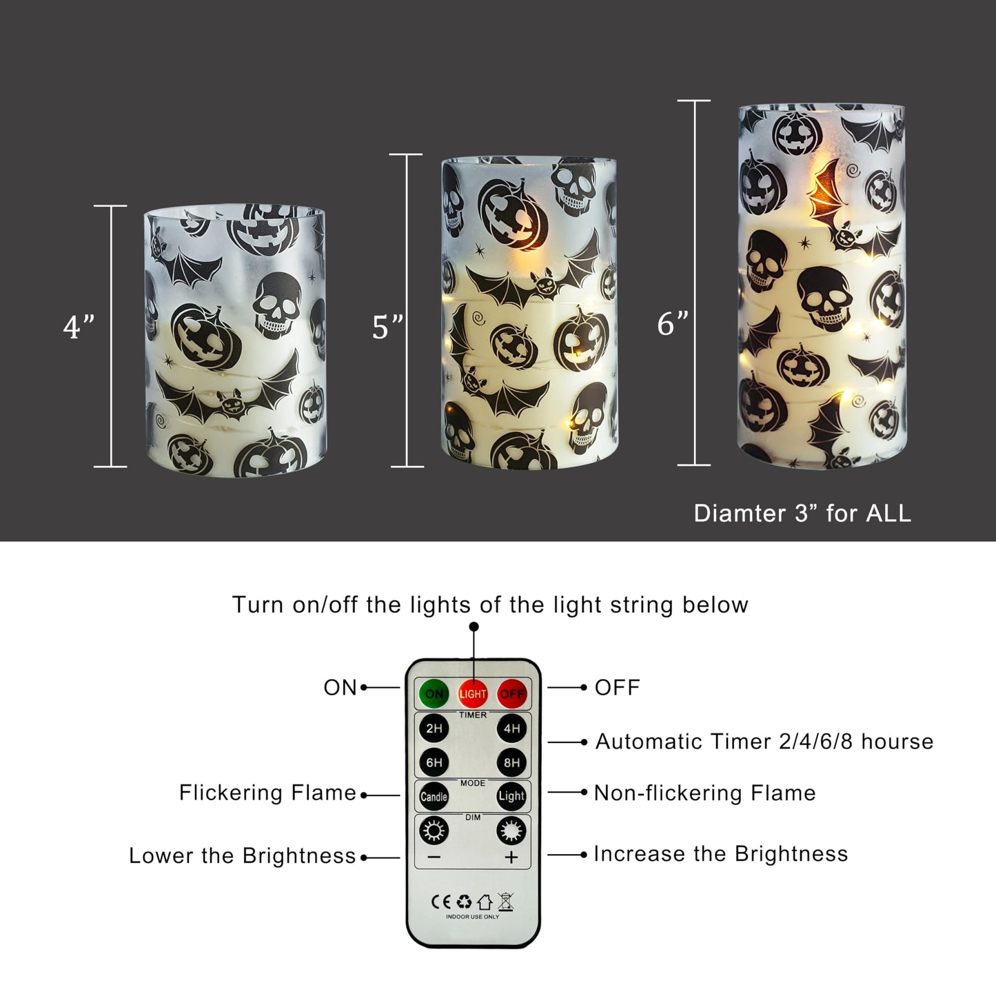 Flickering Flameless Candles Halloween Bat Embedded Star String Lights, Battery Operated Acrylic LED Pillar Candles with 11-Key Remote and Timer for Home Decoration, 3 Pack