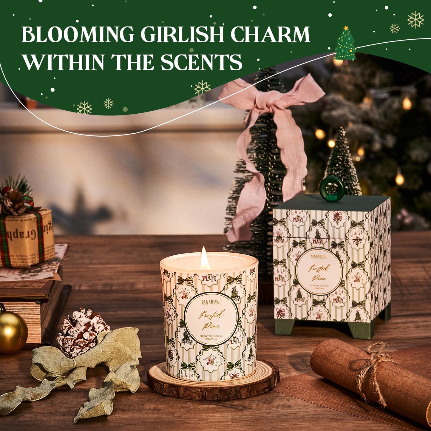 M&SENSE Christmas Holiday Candle - Frosted Pine Scent, 7.4oz Soy Wax, Winter Scented Candle Gift for Women and Teen Girls