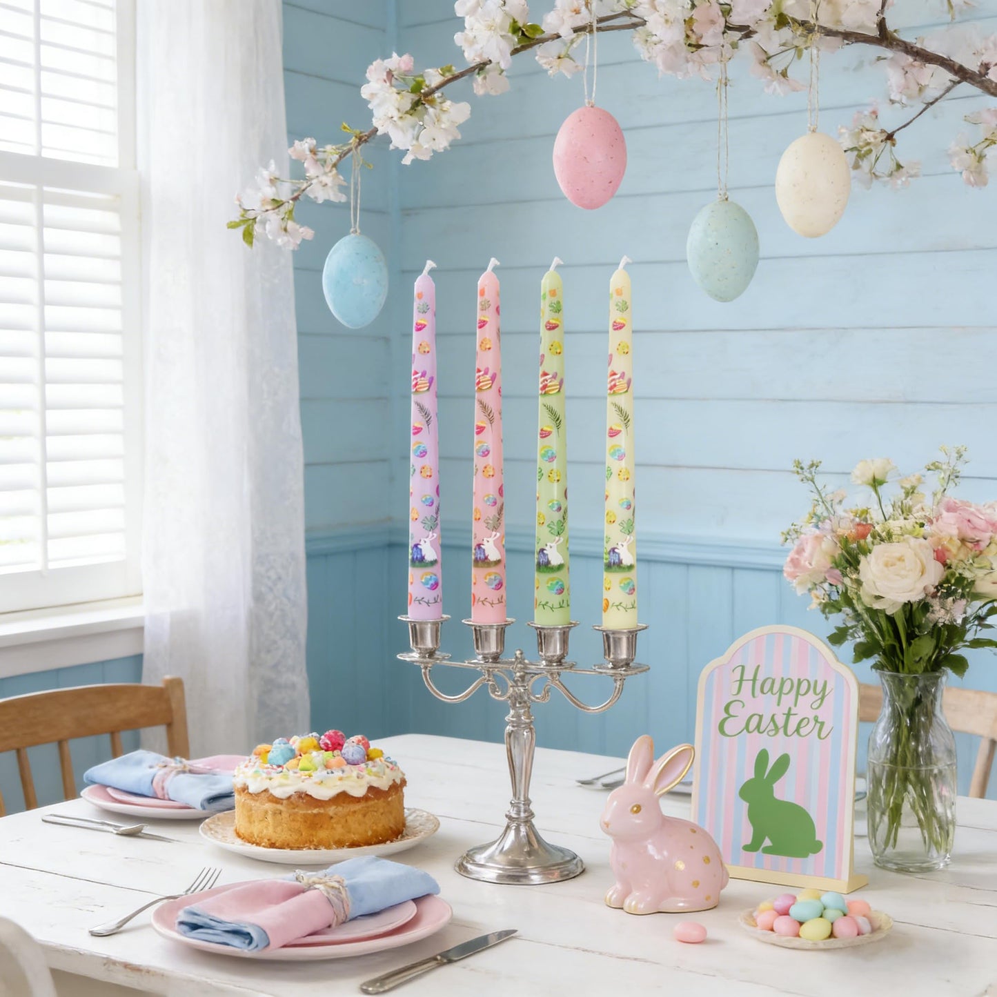 10 Inch Easter Egg Taper Candles 4 Pcs Unscented, Smokeless, Dripless Long Tapered Candlesticks Candles for Easter Dinner Party Home Decor
