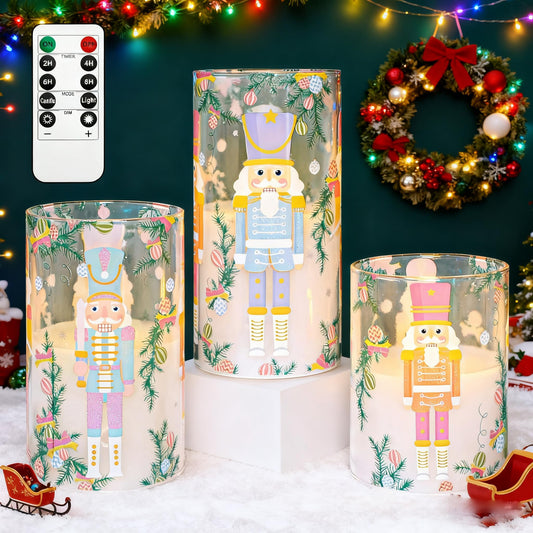 Cafemoon Flameless Candles with Remote, Christmas Nutcracker Candy-Colored Glass LED Pillar Candles, Battery Operated Flickering Flameless Candles for Holiday Decor, Xmas Tree Decorations