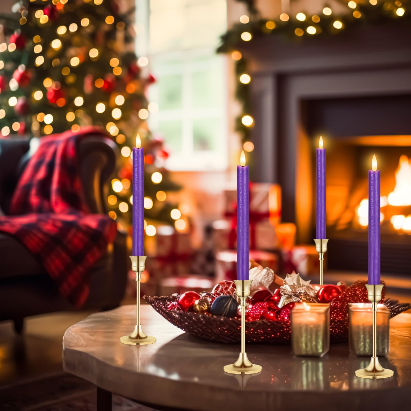 SEHNSY Purple Flameless Taper Candles with Remote, 3 Pack Flickering LED Candlesticks, Real Wax Battery Operated Christmas Window Candles for Winter Home Holiday Decoration