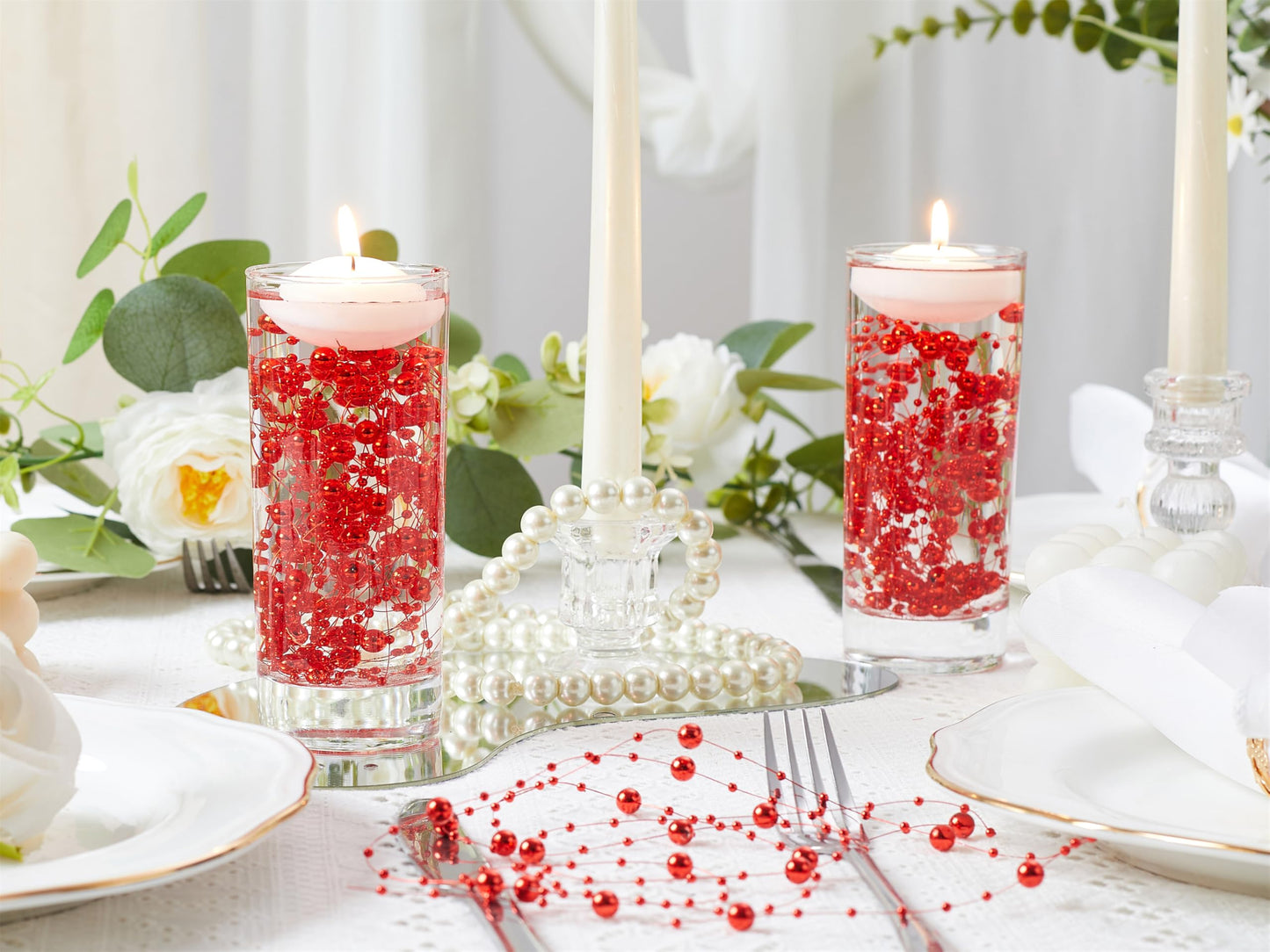 YATOJUZI 30 PCS Artificial Pearl String Red Vase Filler Floating Pearls for Vases Centerpieces Faux Pearl Beads String Decorations Wedding Holiday Party Decor