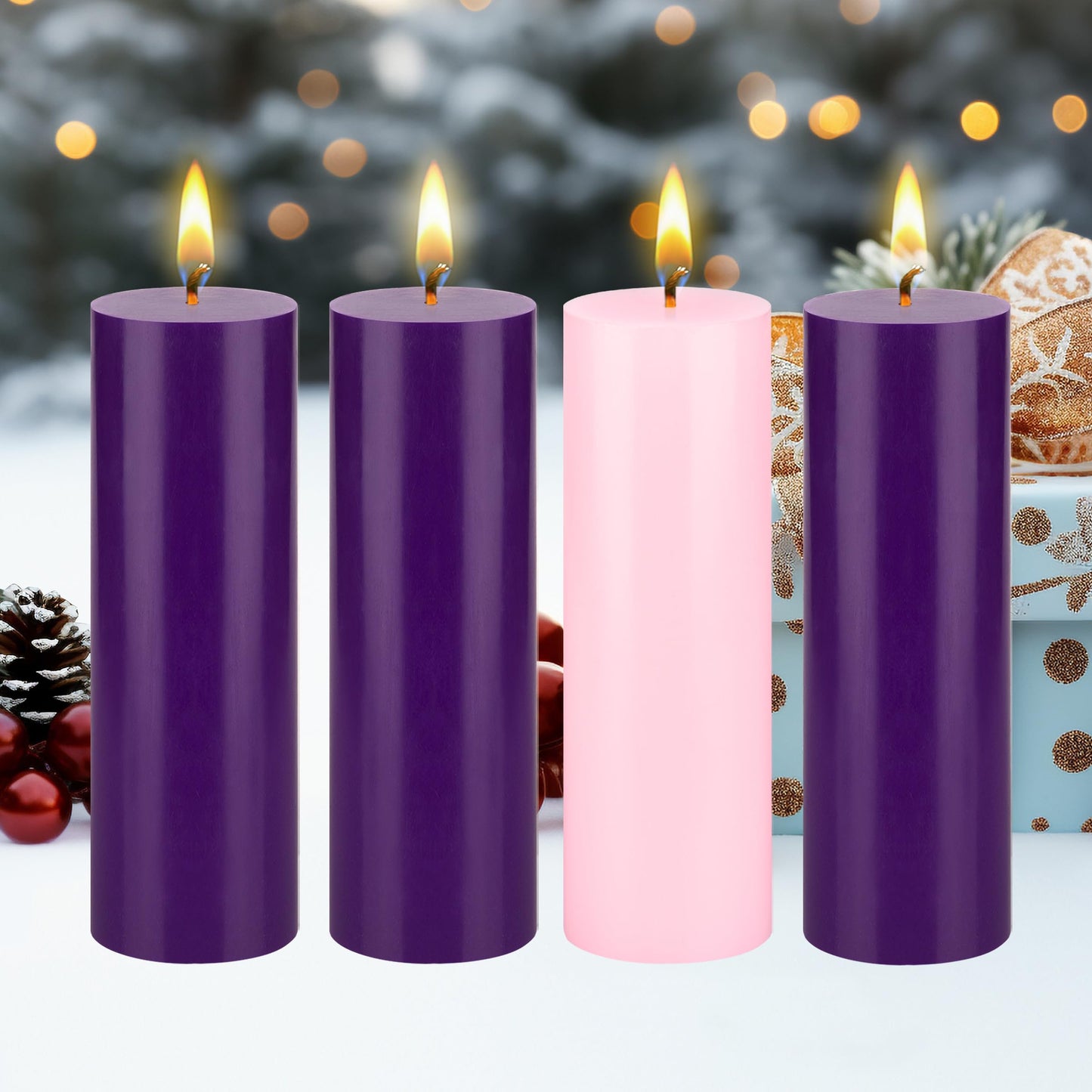 Mega Candles 4 pcs Unscented Christmas Advent Candles Set, Hand Poured Premium Wax Round Pillar Candle 3 Inch x 9 Inch, Holidays, Occasions, Events, Festivities, Devotional, Church, Wreath, Gifts