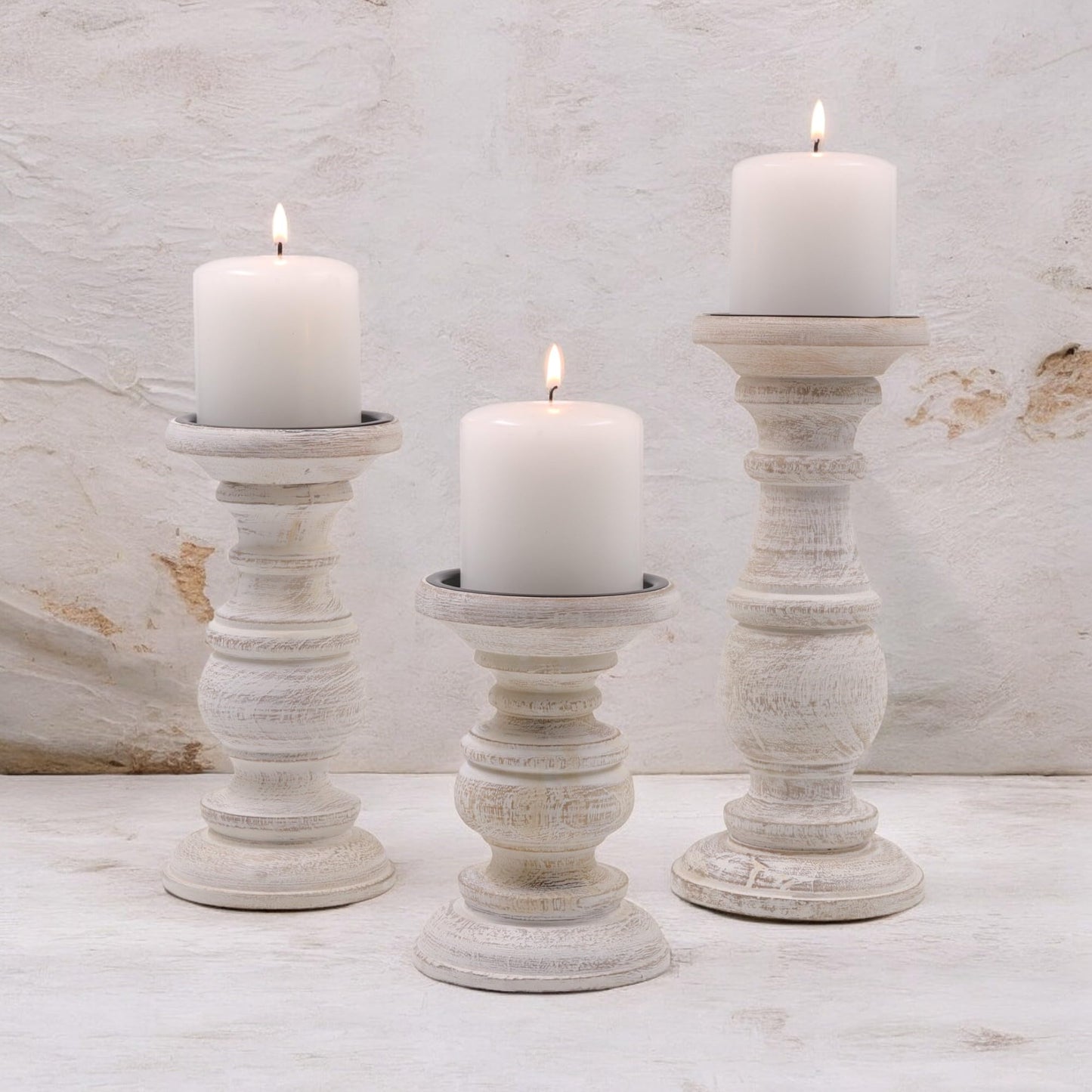 Hosley Set of 3 Whitewashed Wooden Pillar Candle Holders – 10”, 8”, and 6” Heights – Ideal for LED and Pillar Candles, Weddings, Parties, Home Décor, Spa, Reiki, and Aromatherapy