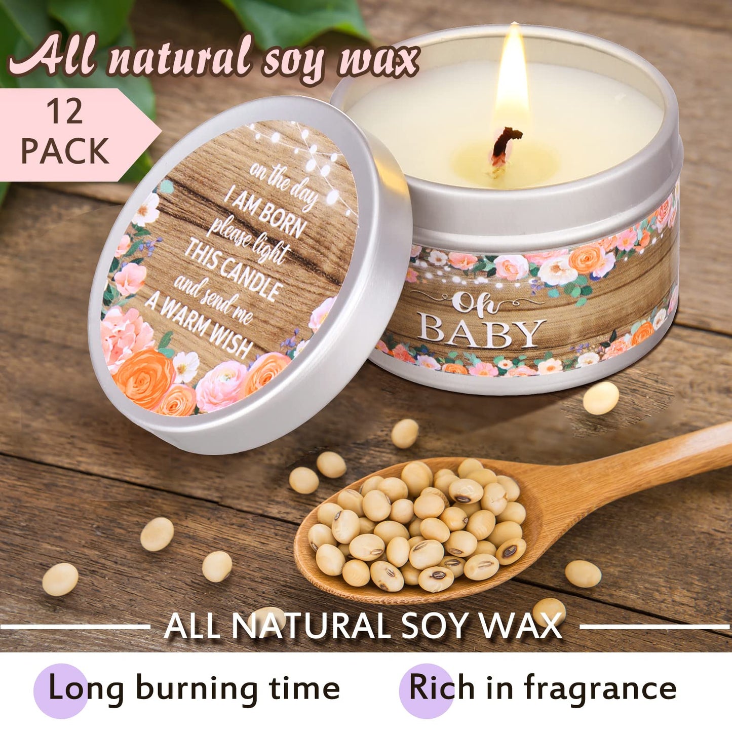 Funtery 12 Pcs Baby Shower Party Favors for Guests Baby Shower Candles Lavender Scented Candle Rustic Tealights Candles Gender Reveal Return Gifts(Flower)