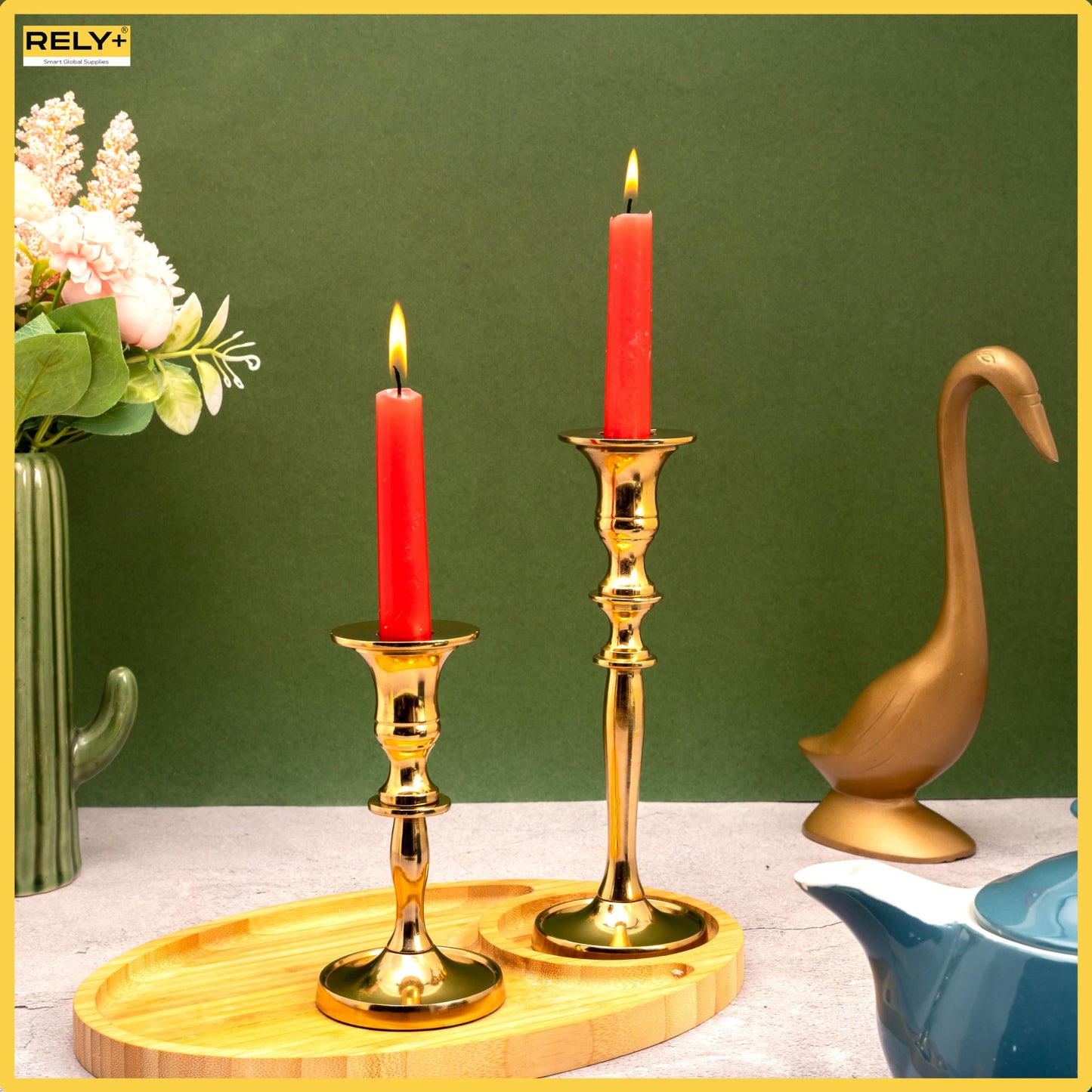 Rely+ Gold Metal Candle Holders for Taper Candlestick Set of 2 8" & 5.5" Tall Decorations for Home Table Centerpiece for Wedding, Parties, Dinners, Decorations