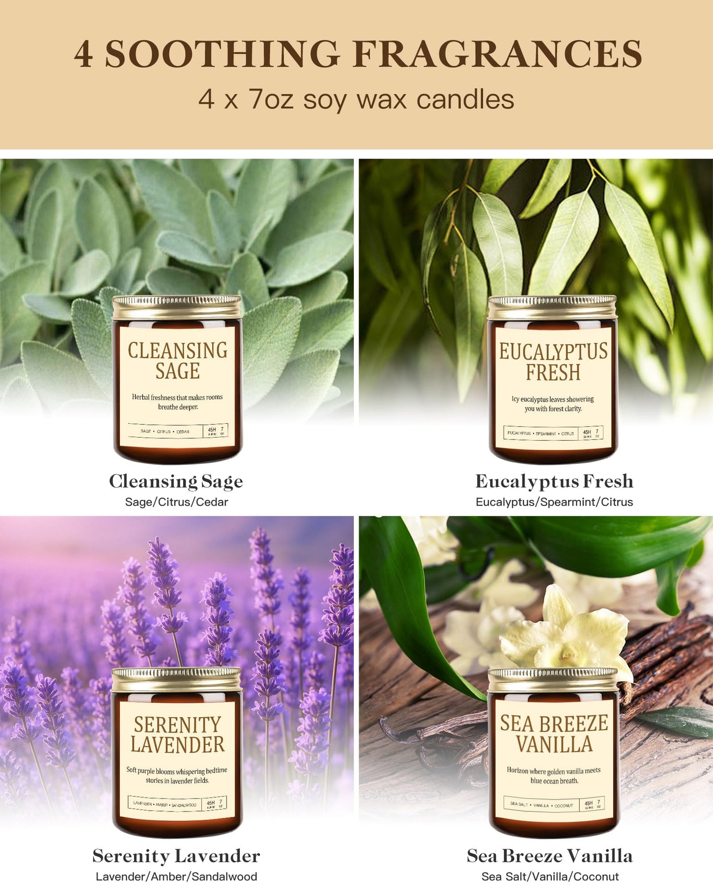 4 Pack Scented Candles for Home Scented: Soy Candles for Women, Up to 200H Burning Aromatherapy Candle Set, Jar Candle Gift Set for Birthday Valentine's Day, Scents of Sage/Vanilla/Lavender/Eucalyptus