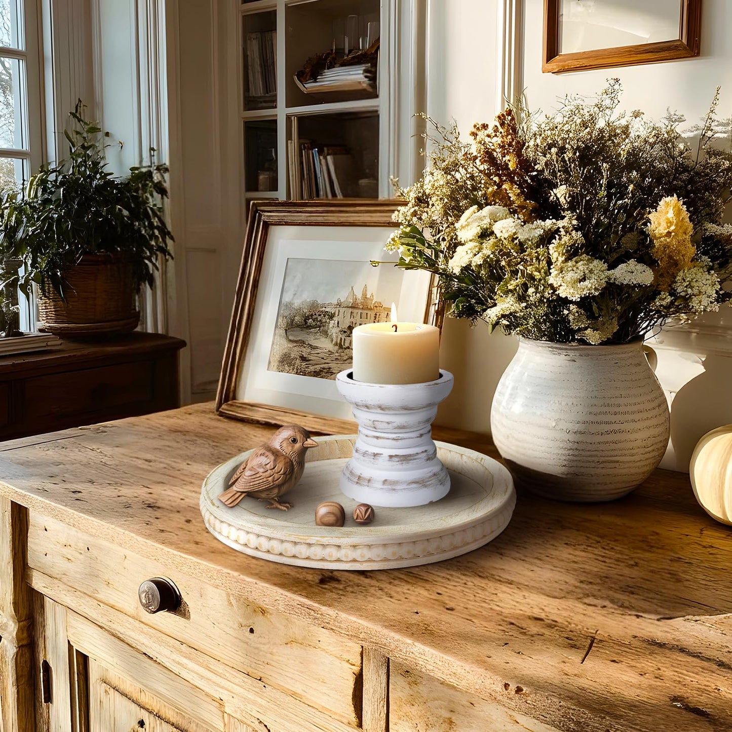 Pillar Candle Holder, Farmhouse Wood Candle Holder, Rustic Wooden Candle Stand, Vintage Small Wooden Candlestick Holders for Living Room, Table Centerpiece, White