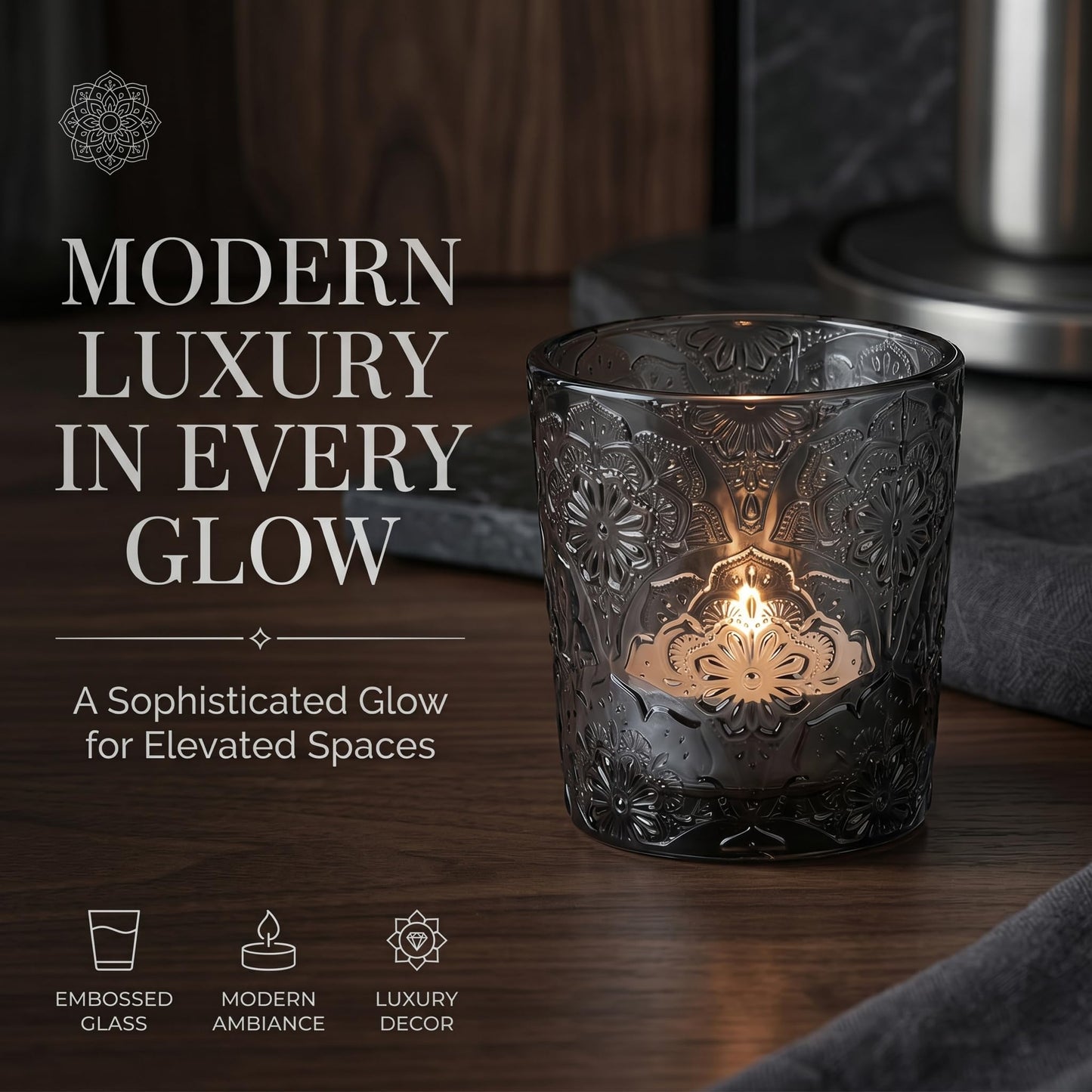 12 Pack Mandala Embossed Glass Candle Holders – Votive Tealight Holders with Patent Design, Decorative Embossed Glass Cups for Wedding Centerpieces, Parties, and Home Décor (Smoky Quartz)