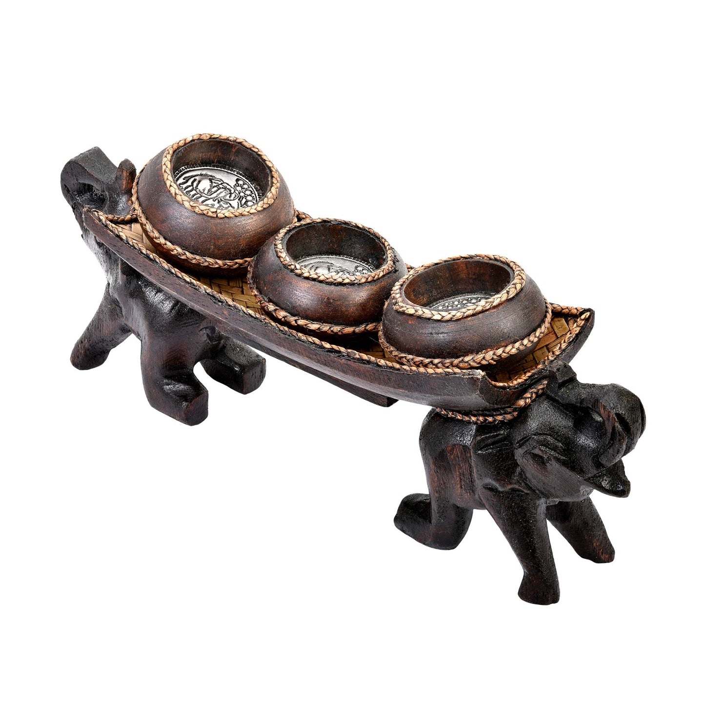 AeraVida Twin Elephant Rain Tree Wood Candle Holder with Three Vases, Hand Carved Safari Animal Centerpiece Home Decor