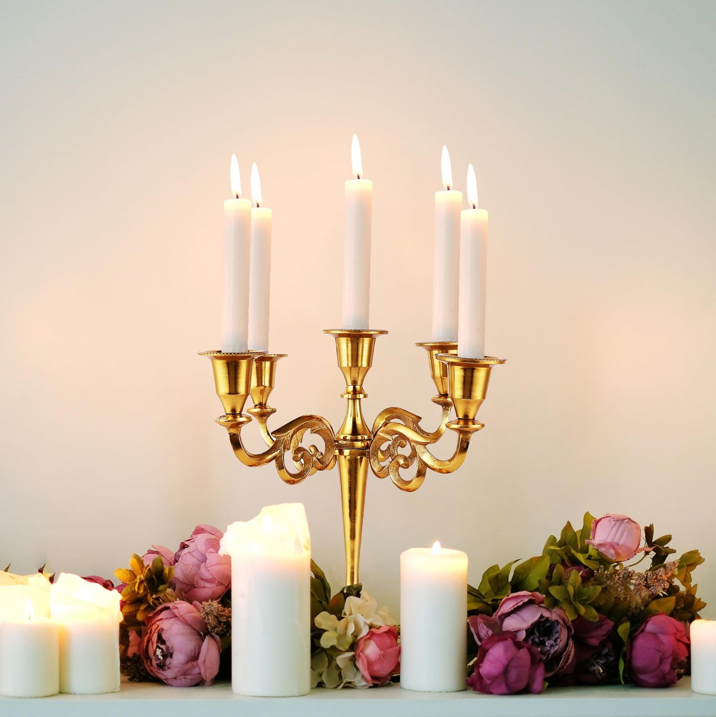 Rely+ 5 Arm Candelabra Taper Candle Holders Decorations Indoor Kitchen Décor Table Candles Candlestick Candelabra Centerpiece (Gold)