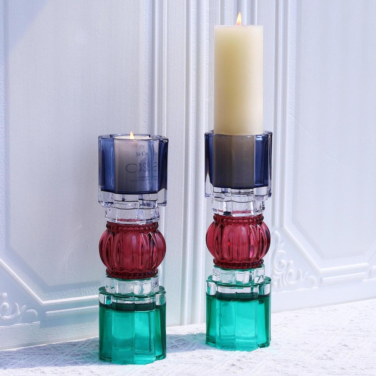 VOHO Tealight Candle Holder Jazzy Glass Mix, Modern Tall Votive Candle Holders for Home Decor, Pair of Fluted Tea Lights Candle Holder Centerpiece Table Decorations(7.87x2.75 in W/H, Shades of Blue)