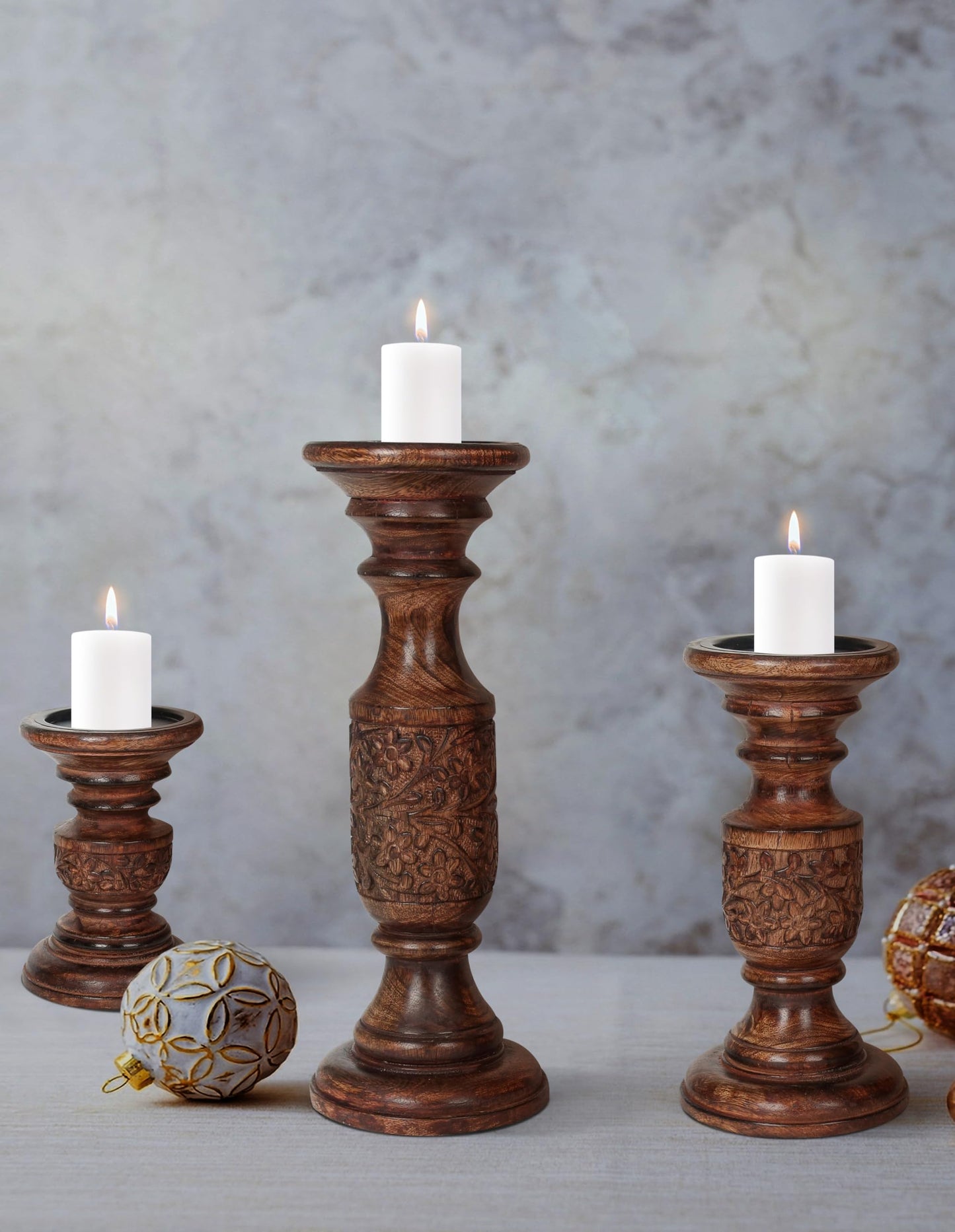 Hand Carved Wooden Pillar Candle Holders - Set of 3 |Carving Decorative Style | Crafted from Mango Wood | Rustic Table Centerpiece Decor | Sized 6", 9" and 12" - Dark Burnt