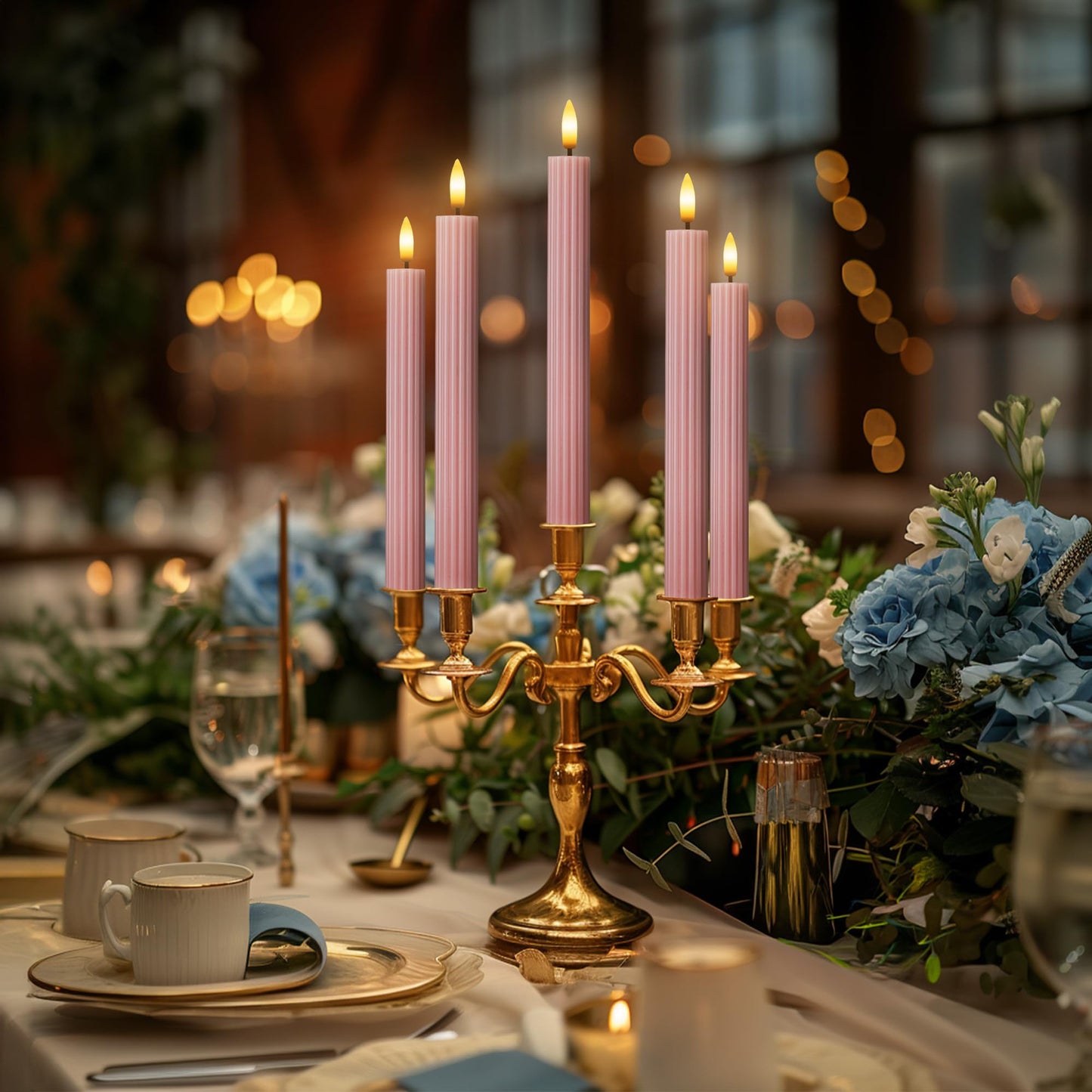 West Ivory 12 Pack, 10" LED Flameless Dusty Rose Fluted Ribbed Grooved Taper Candles, Remote & 24h Timer Memory, On/Off Button, Dimmable, Flicker Mode, Battery Operated, Christmas Menorah Wedding
