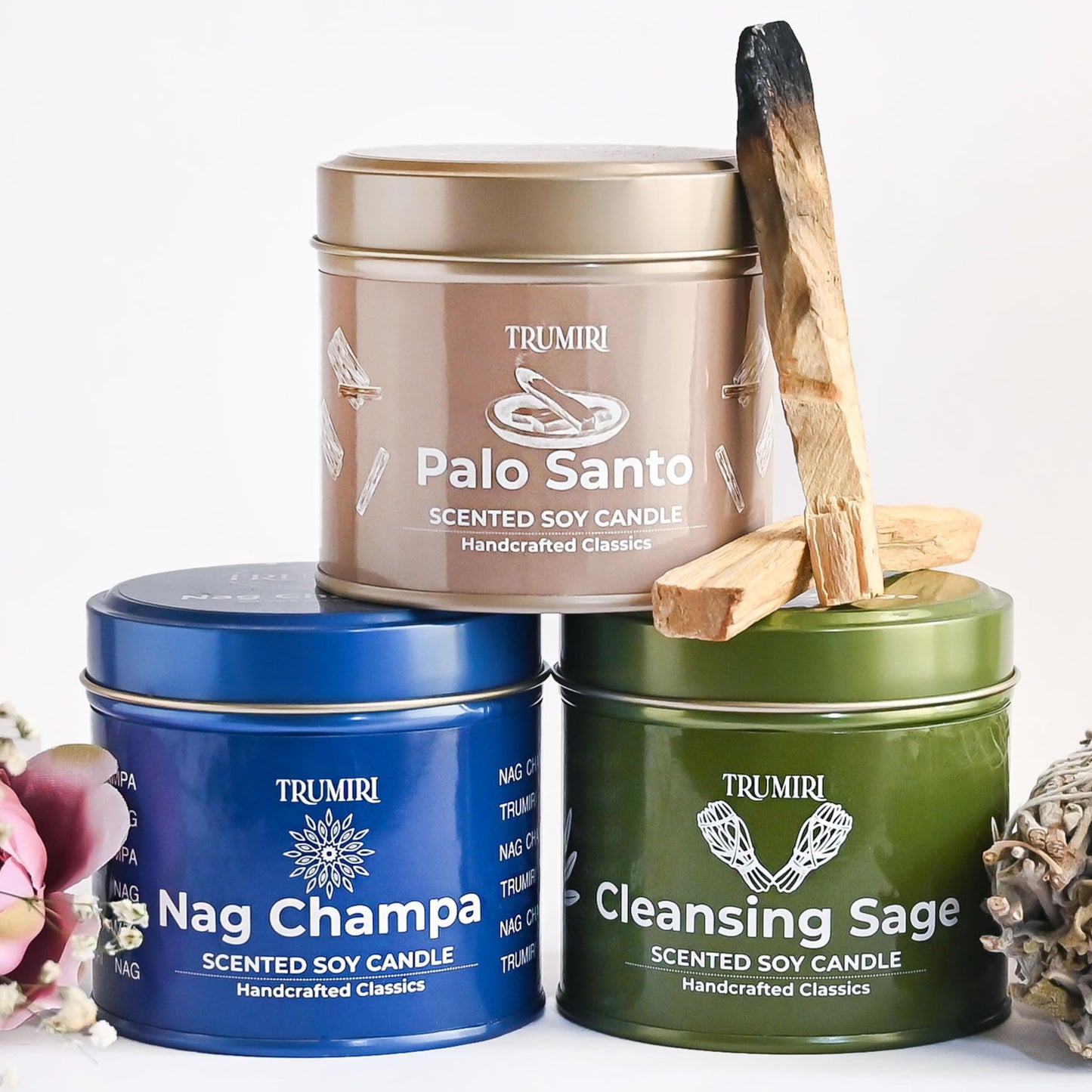 Cleansing Sage, Palo Santo, Nag Champa - Soy Candles Non Toxic - Highly Scented Long Lasting with Essential Oils - Variety Pack of 3 x 5oz - for Home Aromatherapy Meditation Gift Travel