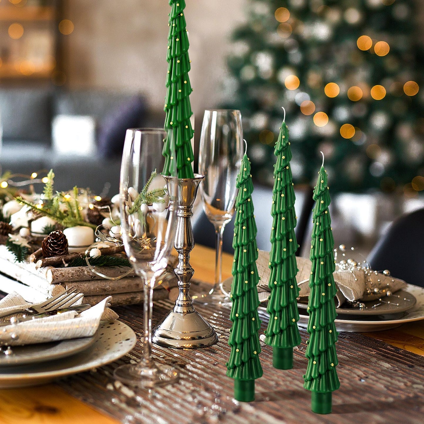 MTLEE Christmas Tree Shaped Taper Candles 10 Inch Unscented Christmas Tree Candles Decorative Aesthetic Xmas Relaxation Gifts for Centerpiece Decorations (Stylish,Green,6 Pcs)