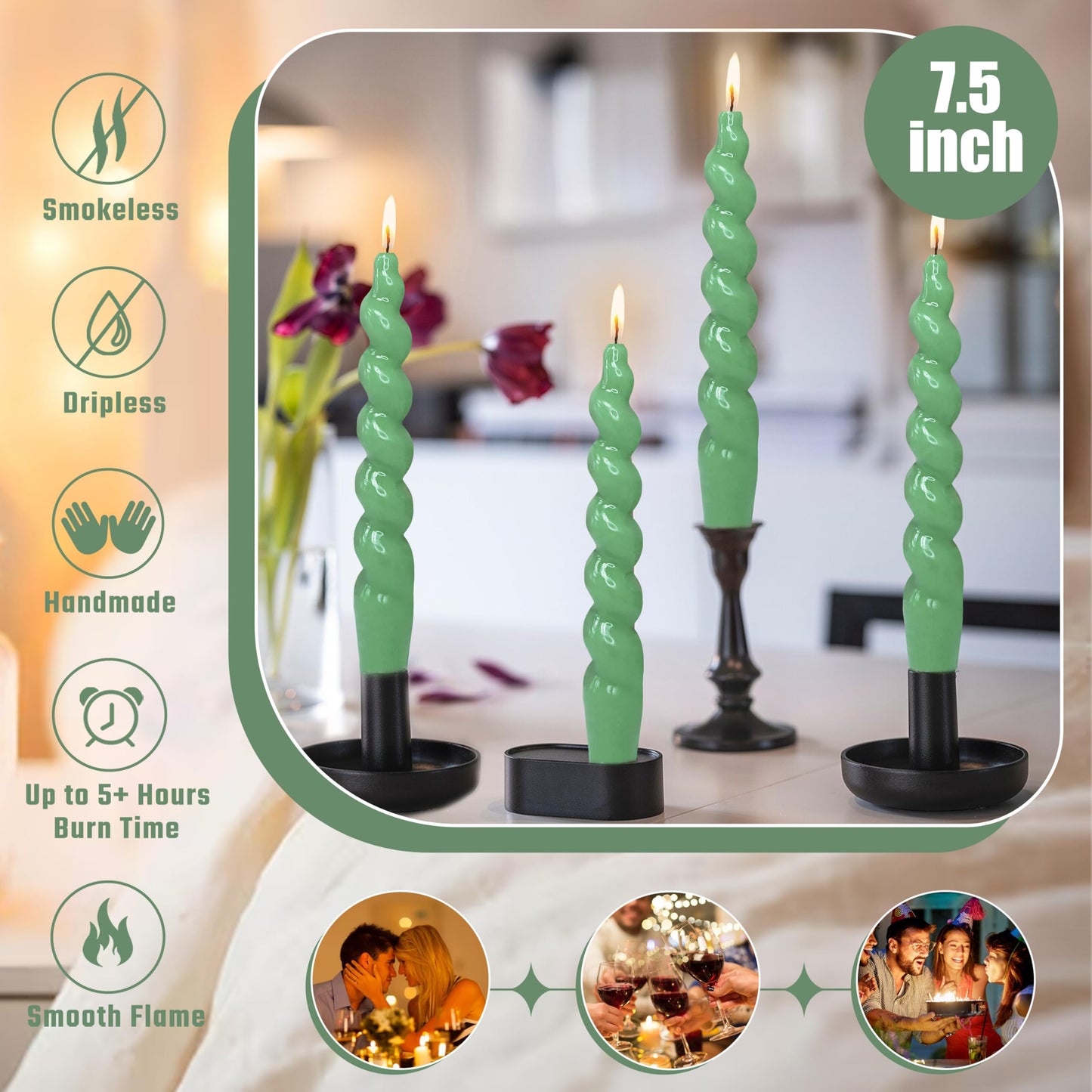7.5 Inches Spiral Taper Candles Sage Green Twisted Candle Dripless Unscented Short Candles, Handmade Candlesticks for Wedding Dinner Decor, Set of 4