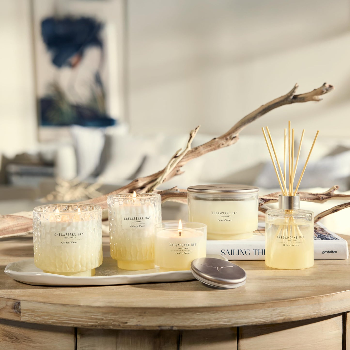Chesapeake Bay, 11oz Golden Waves Scented Candle, Mood Evoking Fragrance, Textured Sea Glass-Inspired Jar, Premium Soy Blend Wax with Essential Oils, Coastal Fragrance for Home Décor or Gifting