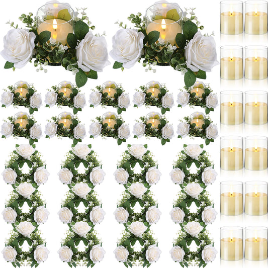Yunlly 12 Pcs Rose Candle Rings with Flameless Candles Sets, Artificial Flower Eucalyptus Wedding Centerpiece 3 Inch Pillar Candleholders Wreaths for Wedding Party Mother's Day (White)