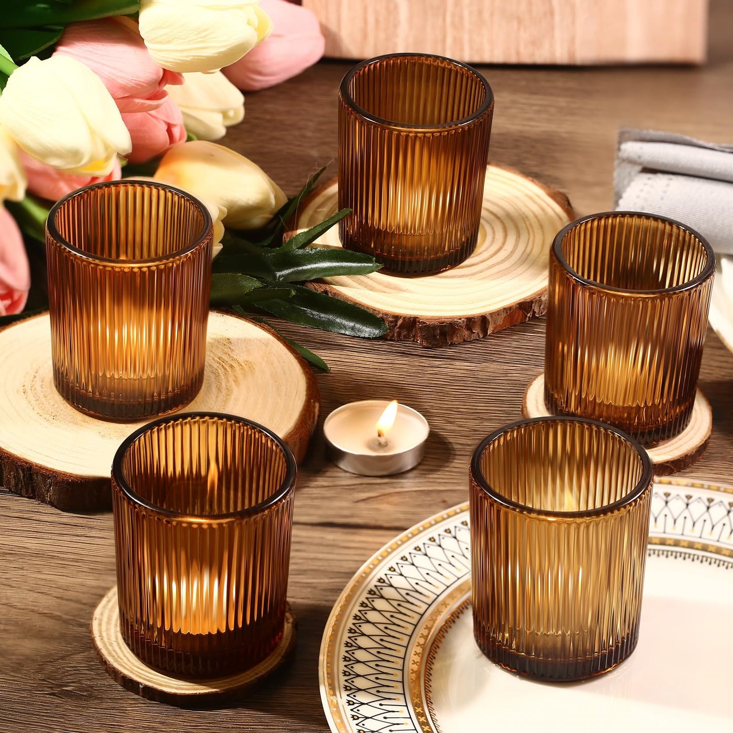 36pcs Amber Votive Candle Holders Thanksgiving Table Decor, Glass Small Tea Lights Candle Holders for Table Centerpiece for Home Decor Party Fall Boho Decor(36,Amber)