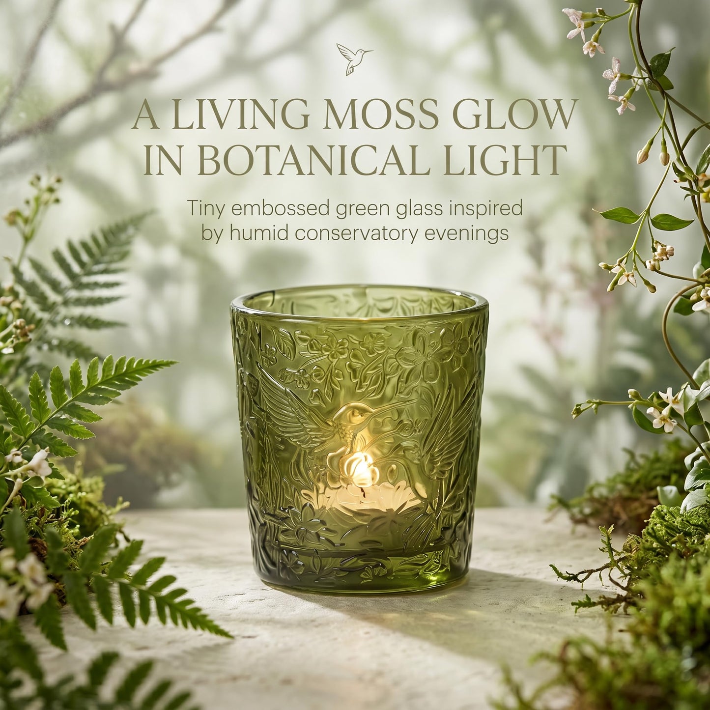 6 Pack Hummingbird Embossed Glass Candle Holders Votive Tealight Holders with Patent Design, Decorative Cups for Wedding Centerpieces, Parties, and Home Decor (Moss Green)