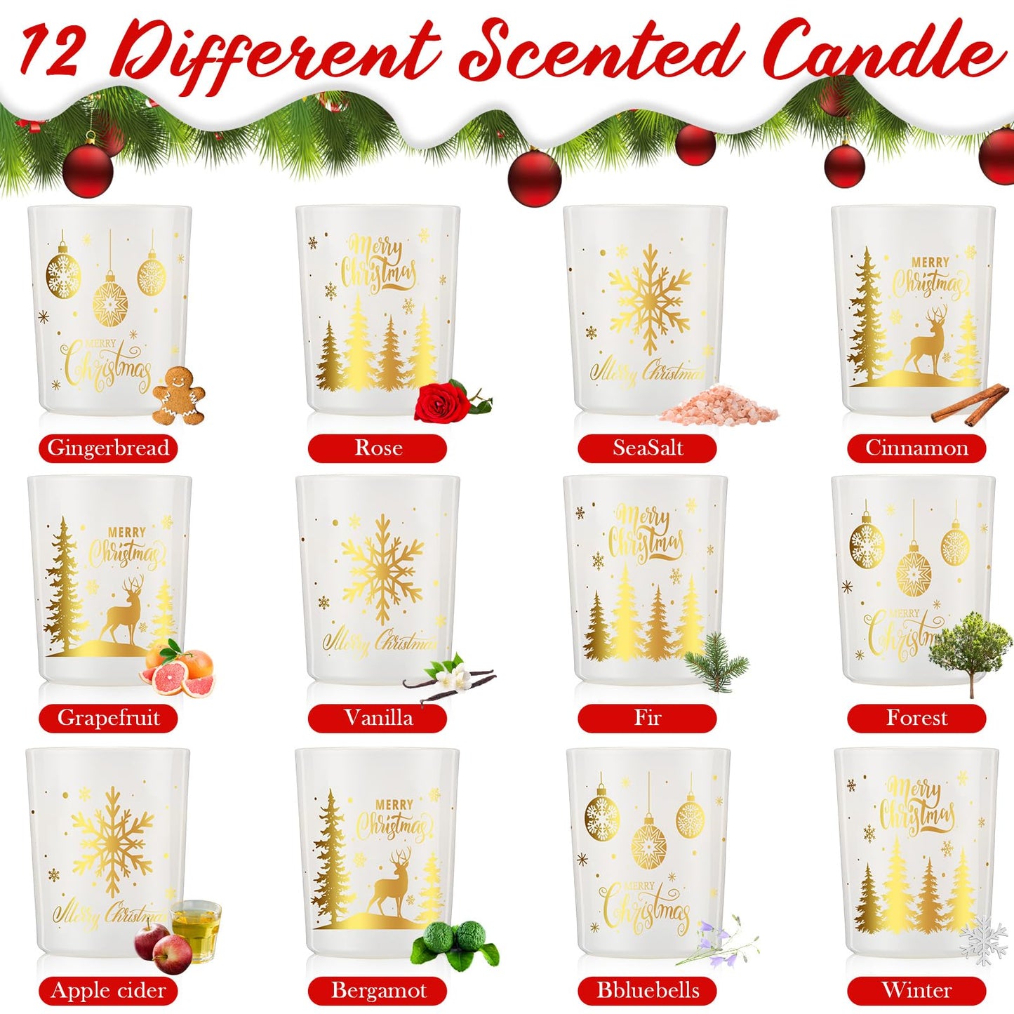 Nuanchu 12 Pcs Christmas Scented Candles Gift Set 12 Fragrances Aromatherapy Long Lasting Christmas Jar Candles Soy Wax Gift for Mom Women Men Xmas Holiday Birthday Supplies (Stylish)