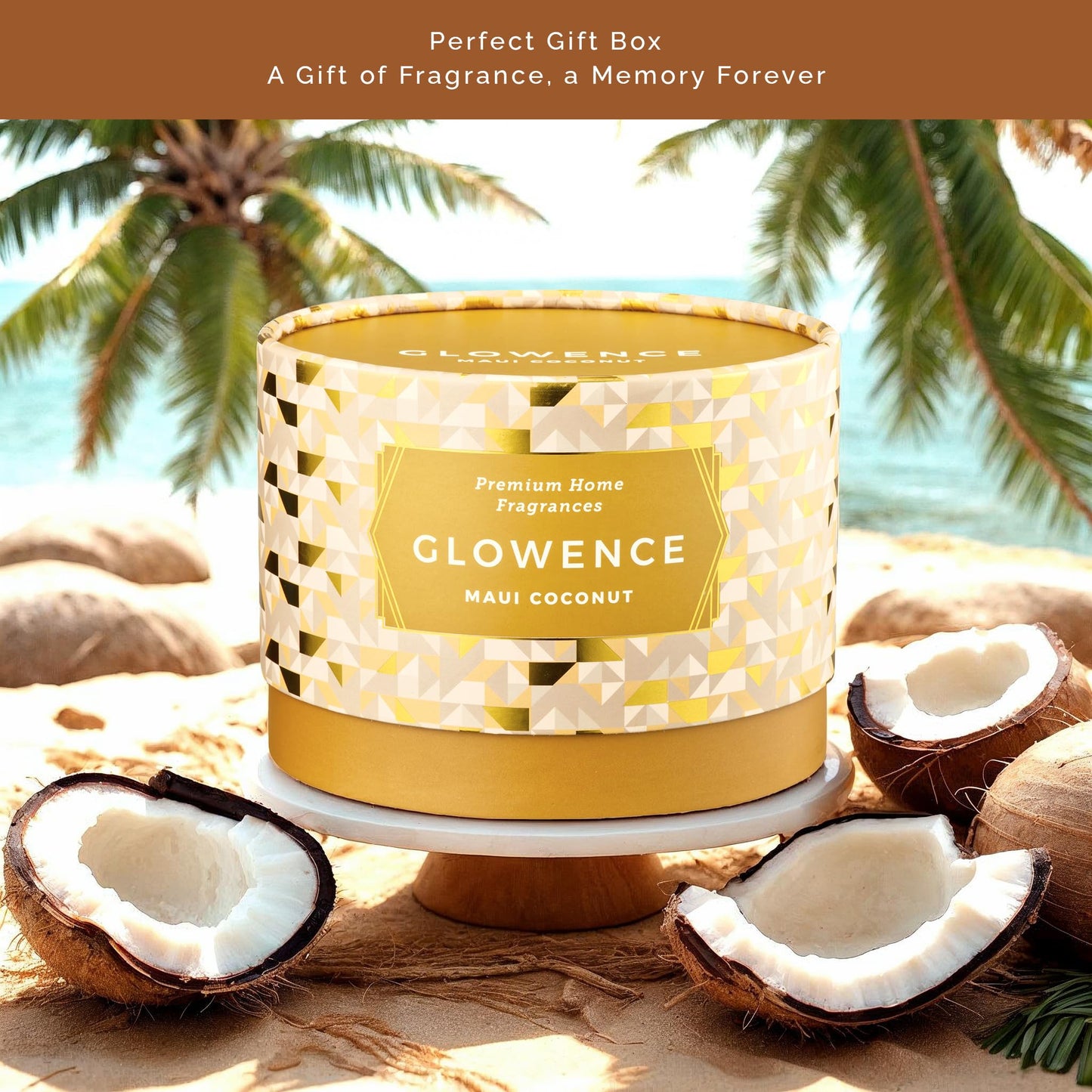 Glowence Luxury Coconut Scented Candle - Large 3 Wick Jar Candle - Elegant Gift for Women & Men - 100% Natural Soy Wax - Up to 40 Hours Burning Time - Housewarming Aromatherapy Candle for Home