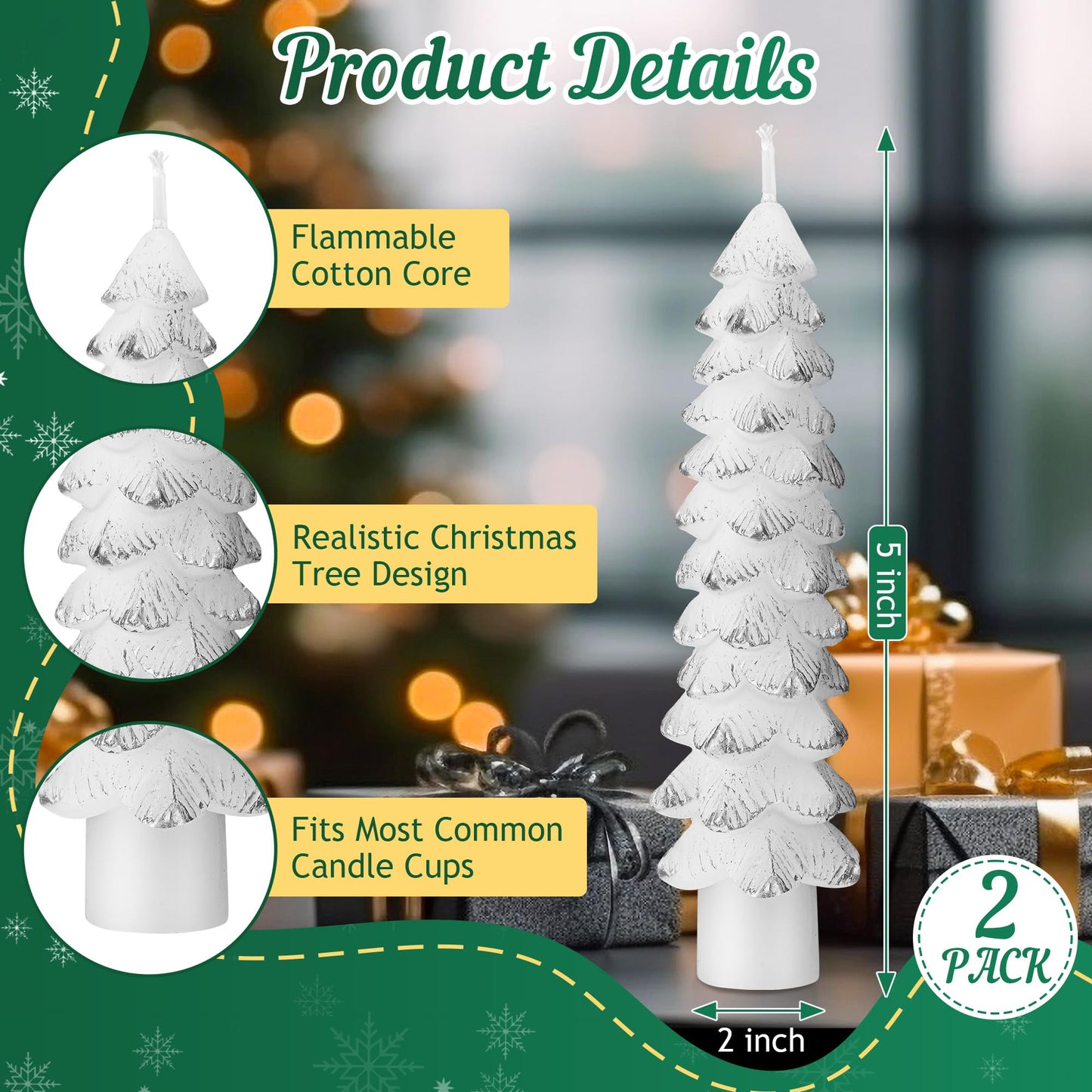 Ceoighe 2 Pack Christmas Tree Candles, 5 Inch Unscented Tree Shaped Taper Beeswax Candles for Christmas Holiday Decor Table Centerpiece Display Party Banquet Gift (White with Silver Trim)
