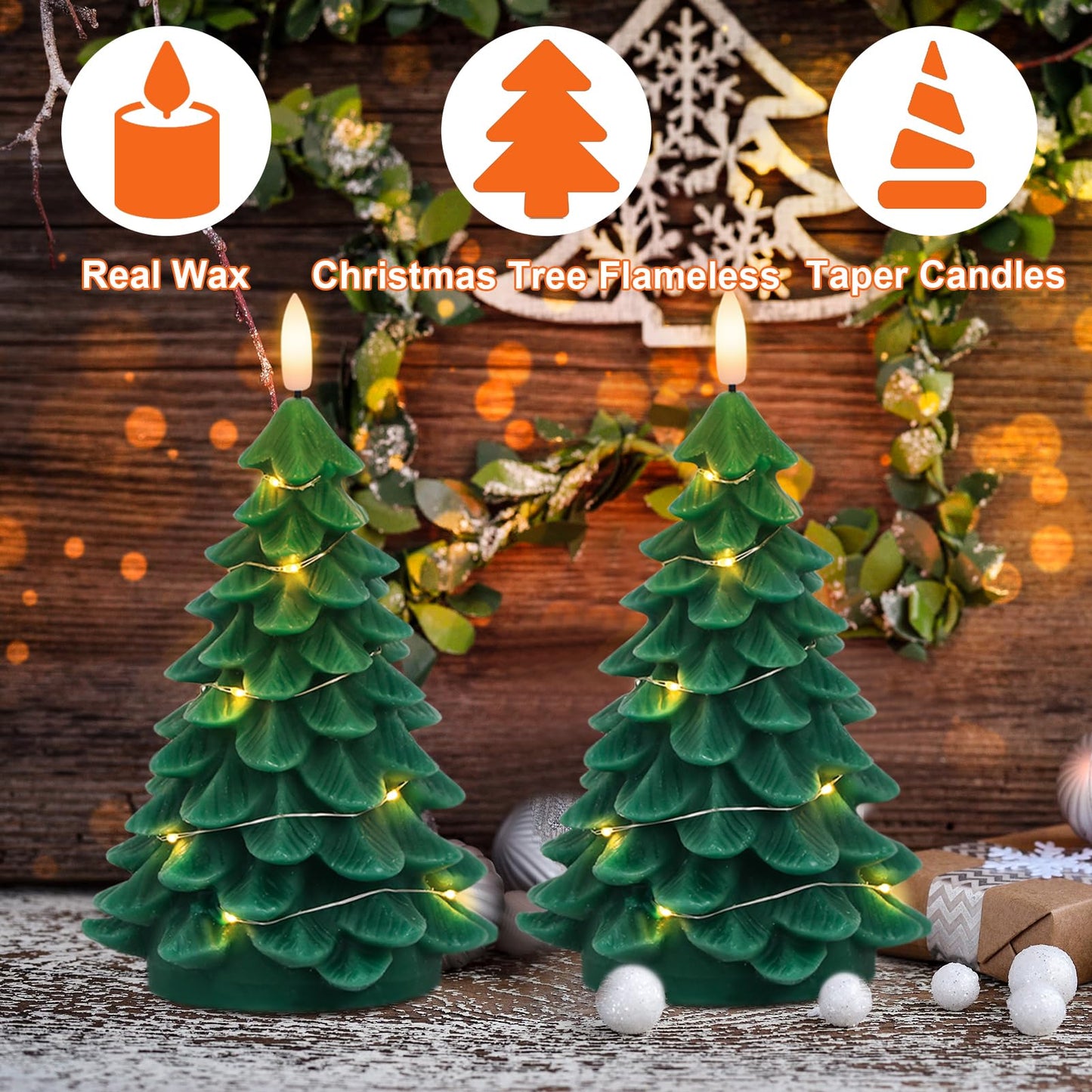 DRomance Christmas Tree Flameless Candles String Lights with 10-Key Remote and Timer, 2 Pack Green Real Wax Battery Operated 3D Wick LED Flickering Candles Dinner Holiday Indoor Decor(3" x 7.1")