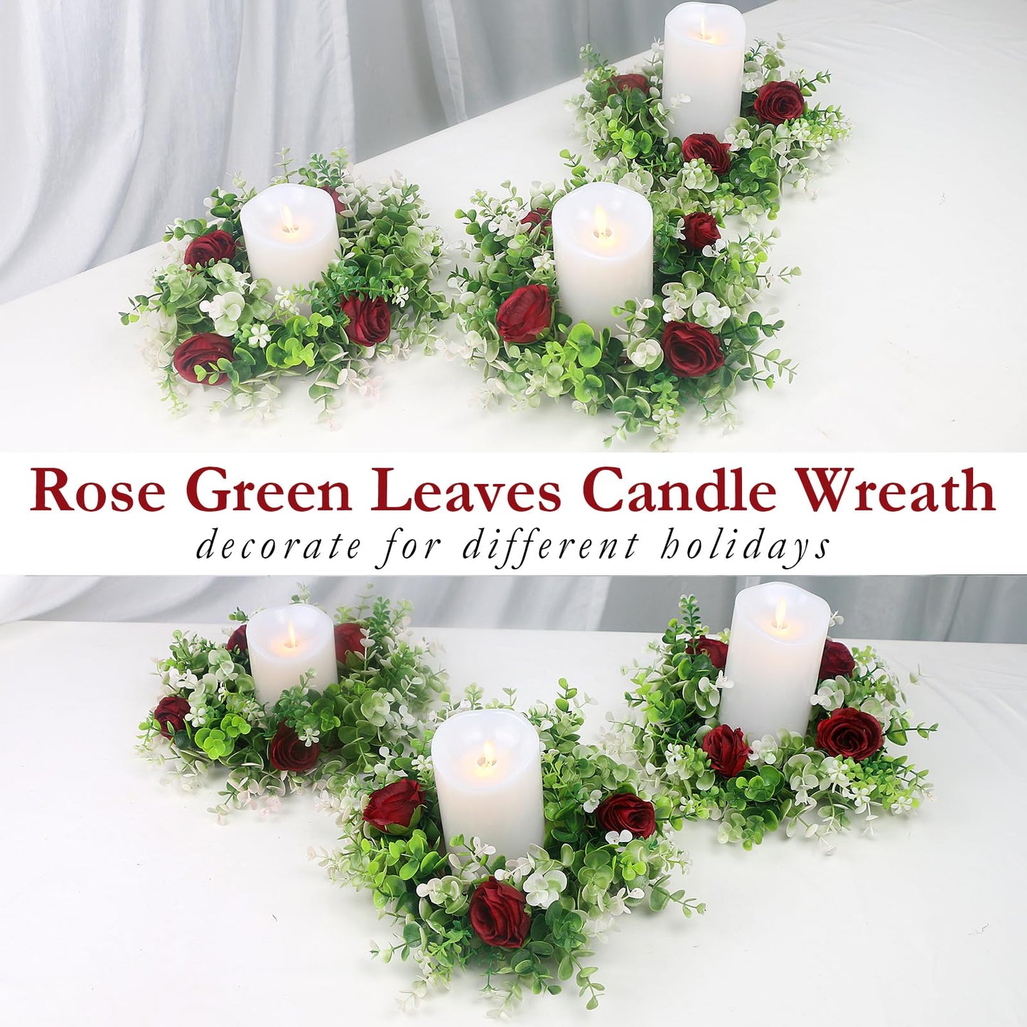 Acmee 4 Pcs Rose Floral Candle Rings Artificial Burgundy Flowers Wreaths with Green Eucalyptus Leaves Rose Candle Rings for Pillar Wedding Farmhouse Centerpiece Home Decor