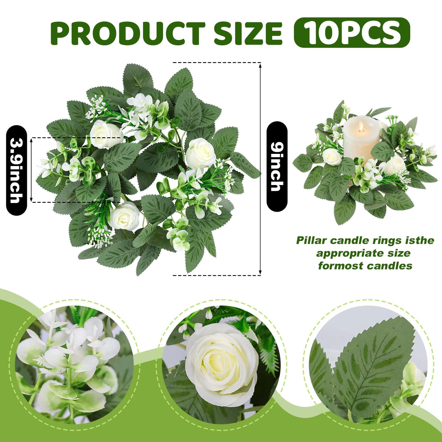 10PCS Wedding Rose Candle Rings Artificial Floral Eucalyptus Leaves Wreaths Faux Candle Rings Summer Greenery Candleholders Garland Pillar Holder for Bridal Shower Bachelorette Party Table Decor