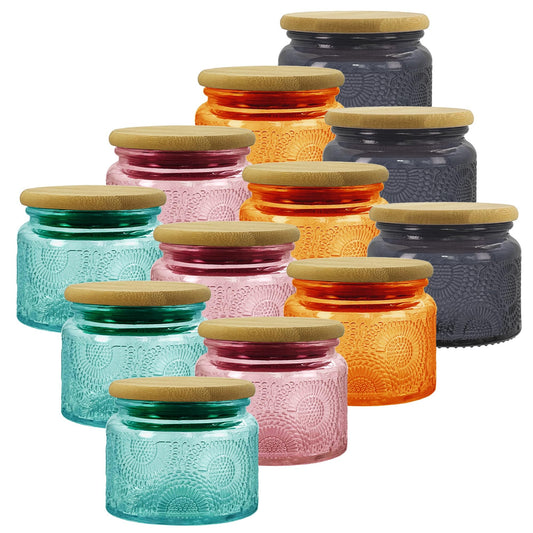 LINGSHINE 4 oz Colored Mini Glass Jars with Airtight Bamboo Lids 12 pack, Decorative Small Food Storage Canister, Vintage Embossed Home Décor Candle Parties Wedding Baby Shower Favors Gift