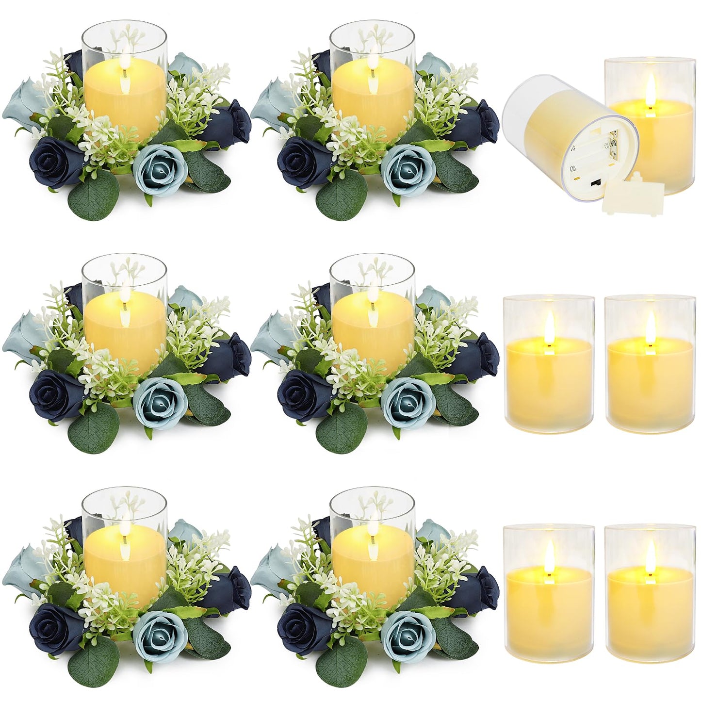 Tobilu 6 Sets Rose Rings Wreaths with LED Candles - Artificial Roses Eucalyptus Wreath Wedding Centerpiece for Wedding Bridal Shower Banquet Table Decor - Navy Blue