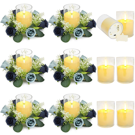 Tobilu 6 Sets Rose Rings Wreaths with LED Candles - Artificial Roses Eucalyptus Wreath Wedding Centerpiece for Wedding Bridal Shower Banquet Table Decor - Navy Blue