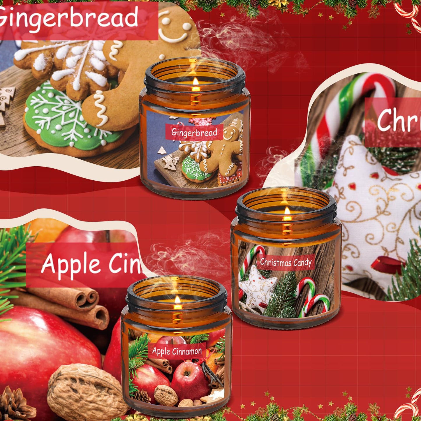 Conelist 6 Pcs Christmas Candle Set Scented Candle Gift Set Christmas Tree, Cookies, EVE, Apple, Candy, Wreath Gift for Women and Men