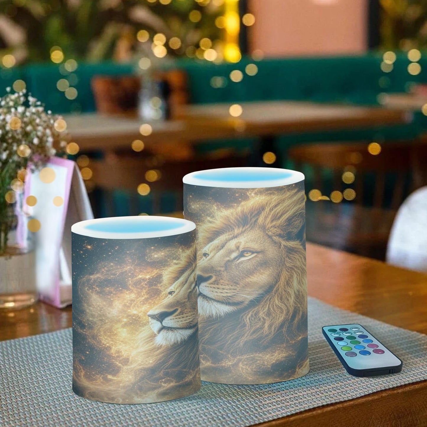 KGLDSNM Cosmic Lion Art LED Flameless Flickering Candle with Remote Timer Battery Operated for Indoor Outdoor Party Holiday Home Decor 2 Pack