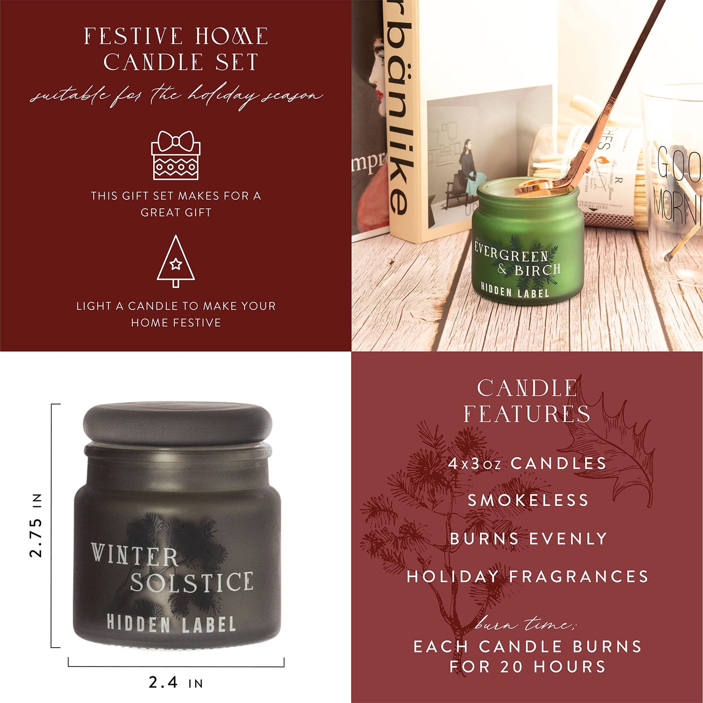 Christmas Candle Set, 4 Pack Holiday Candle Gifts, Natural Candles Non Toxic with Holiday Scents, Xmas Gift for Women, Scents of Christmas Mistletoe Wine,Winter Solstice,Evergreen Birch,Orange Nutmeg