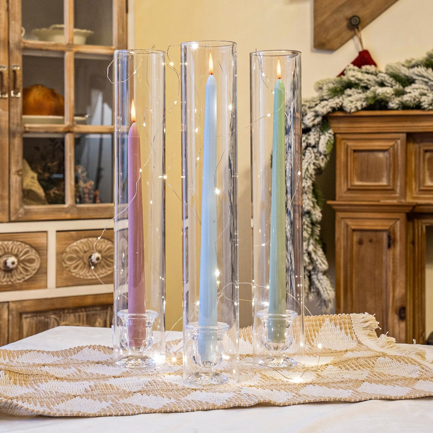 CHILL RECIPE Hurricane Glass Candle Holders-Set of 6 Tall Taper Candle Holder with 14” Tall Clear Cylinder Covers for Wedding Table Centerpiece Home Decor (Floral Base+Clear Chimney)