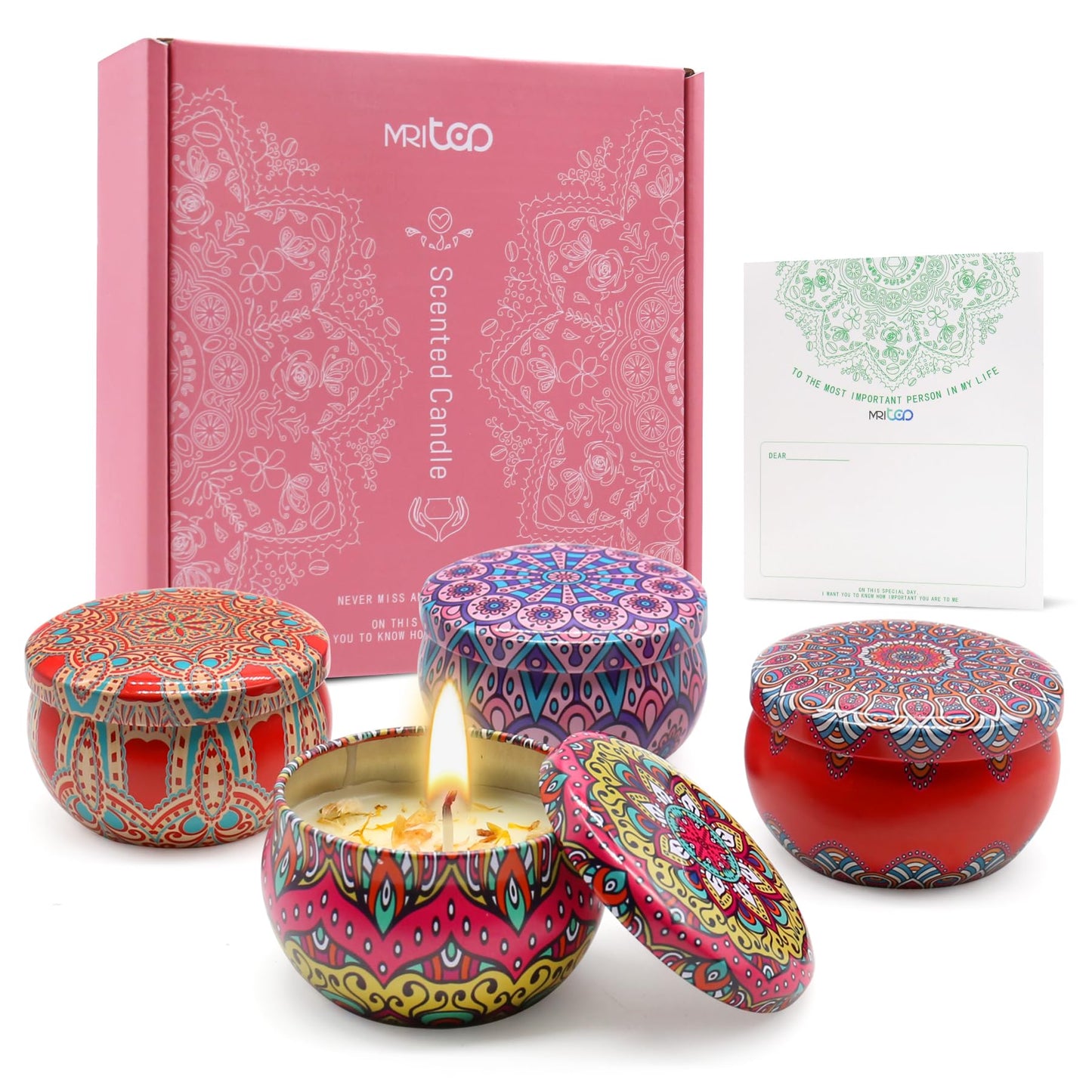 Scented Candles Gift Set for Women 4 Pack Soy Wax Candles with Dried Flowers Reusable Tin Aromatherapy Relaxation Gift for Birthday Mothers Day Valentines Day