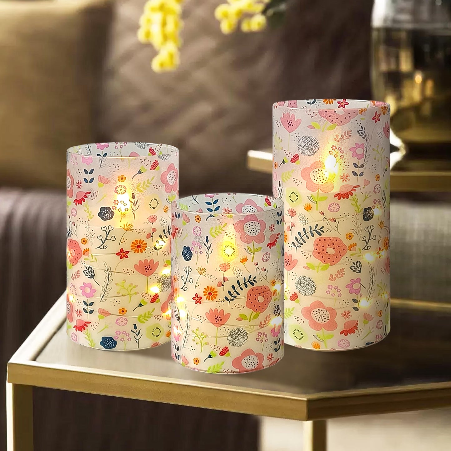NjaoHoo Floral Flickering Flameless Candles, Recessed String Light LED Candles 3D Wick Acrylic Battery Operated LED Pillar Candles with Remote and Timer for Spring Decor Set of 3(Cute Floral)