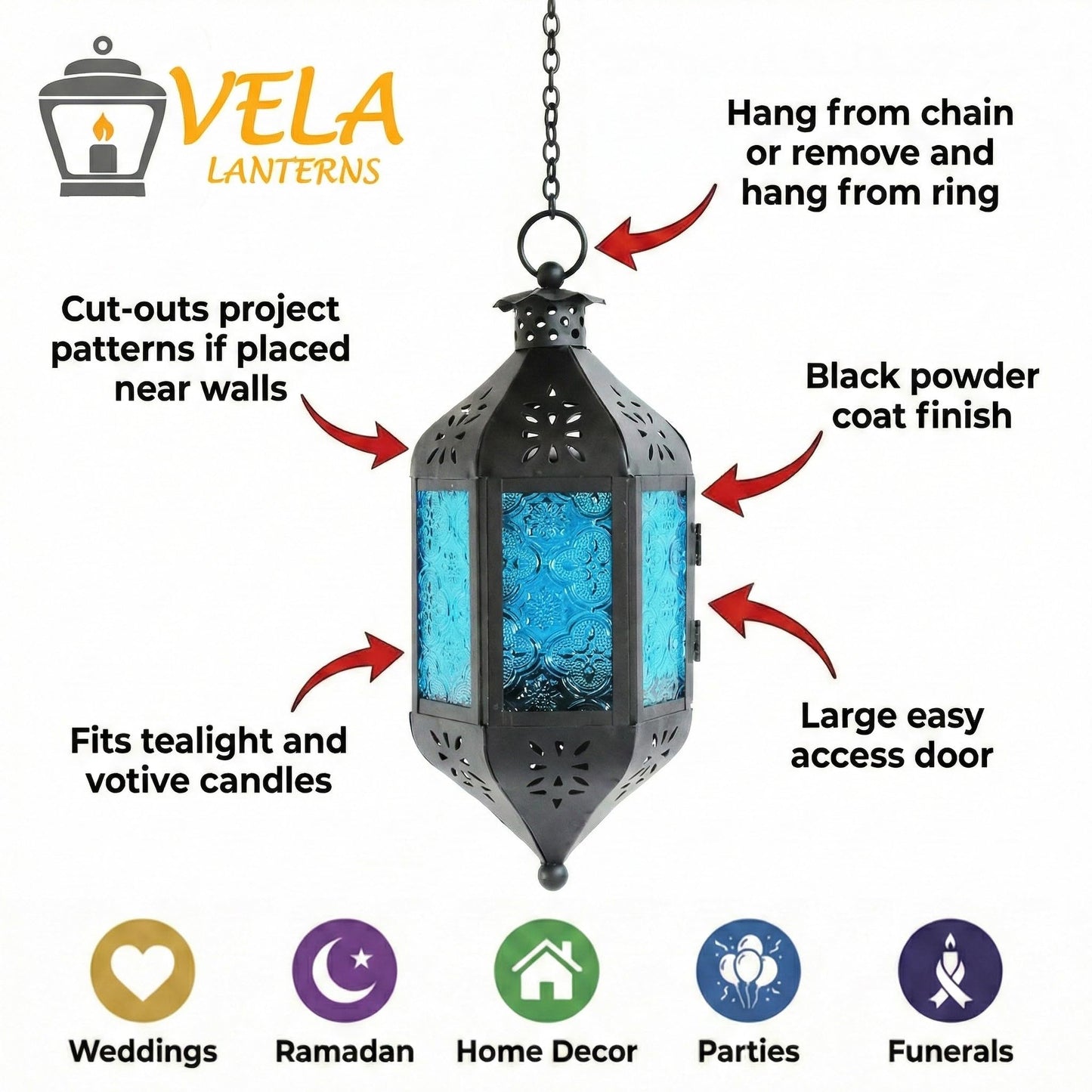 Vela Lanterns Hanging Moroccan Lamp - Exotic Decorative Patio & Porch Decor, Indoor Outdoor Tea Light Candle Lantern Holder with Chain (11" Medium, Blue Glass, 3-Pack)