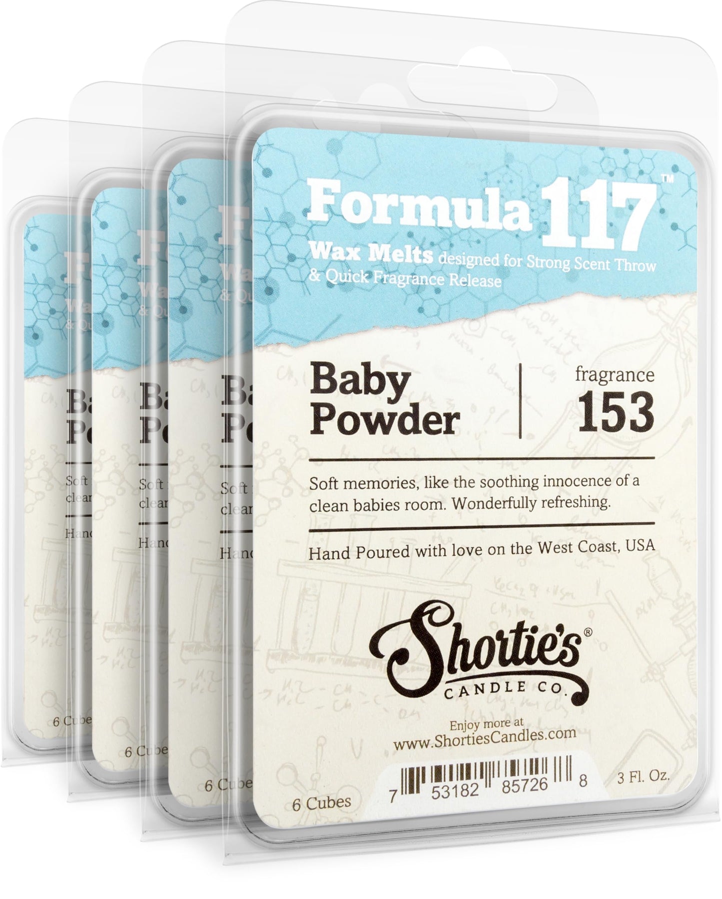 Shortie's Candle Company Baby Powder Premium Wax Melts 4 Pack - 12 Oz., Strong & Long Lasting, Non-Toxic - Made with Essential & Natural Oils - Formula 117